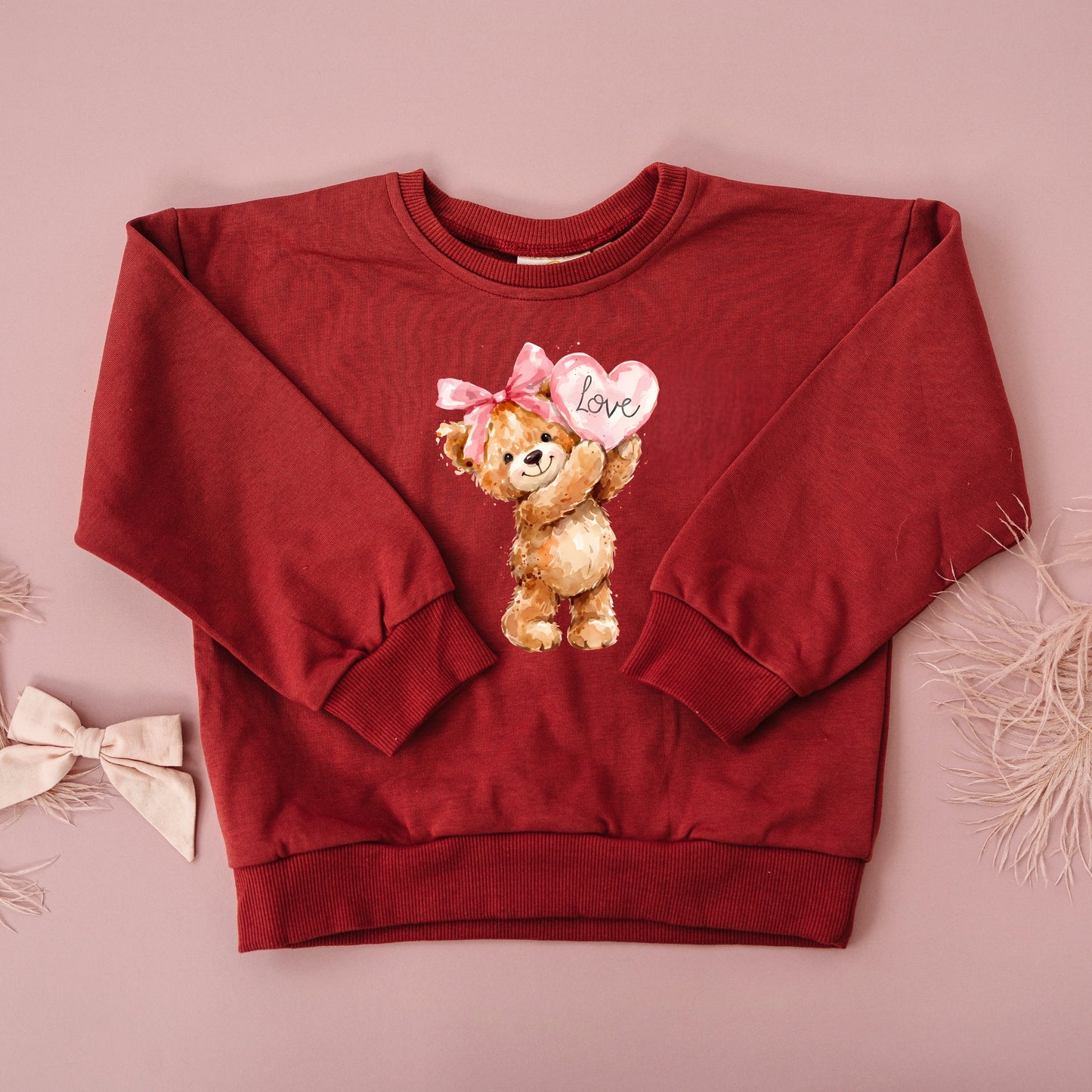 Valentine's Day Teddy Bear Bow Crewneck Sweatshirt or Sweatshirt Romper - Red or Cream