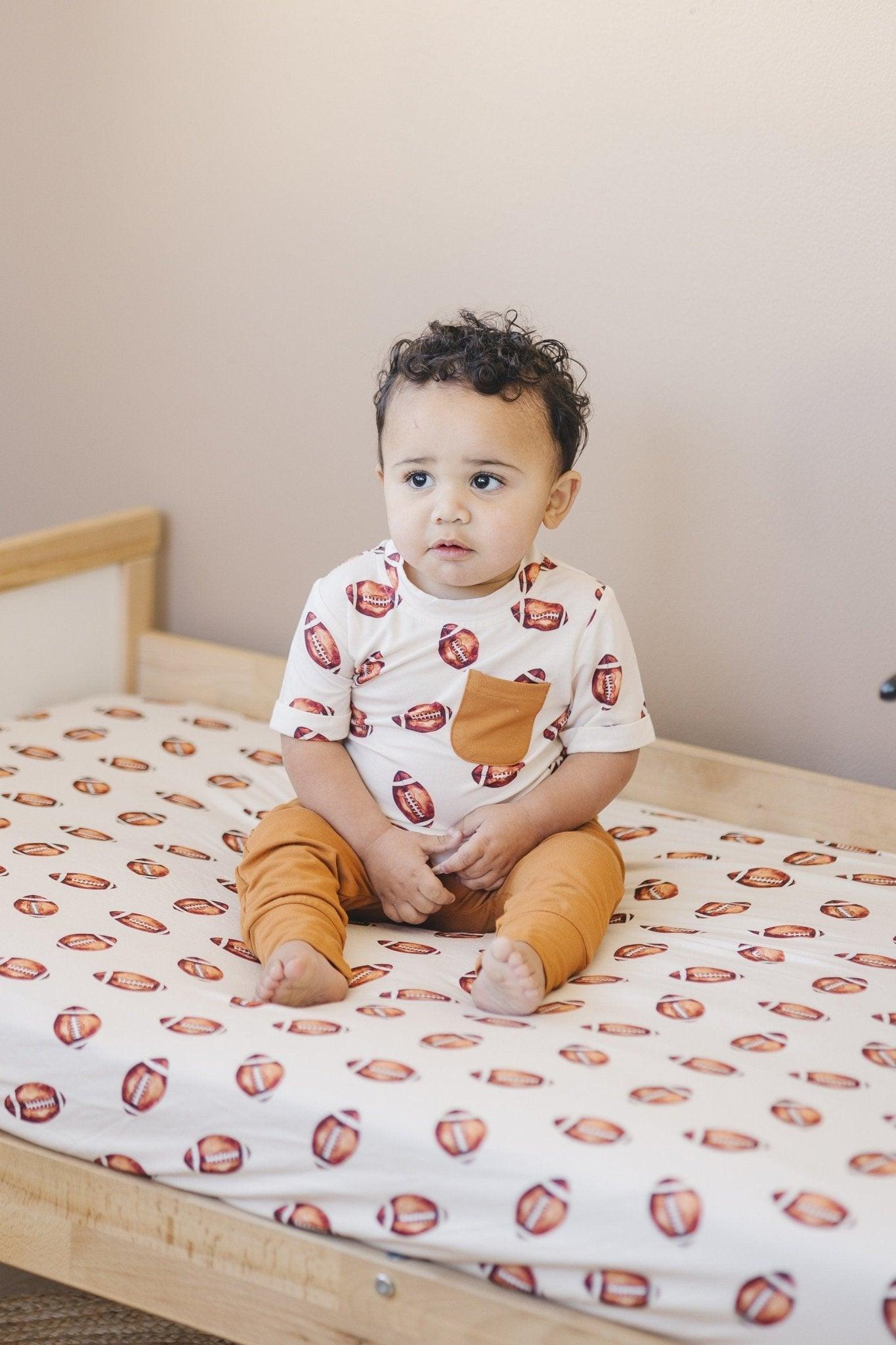 Football Print Bamboo Crib Sheet - Little Joy Co.