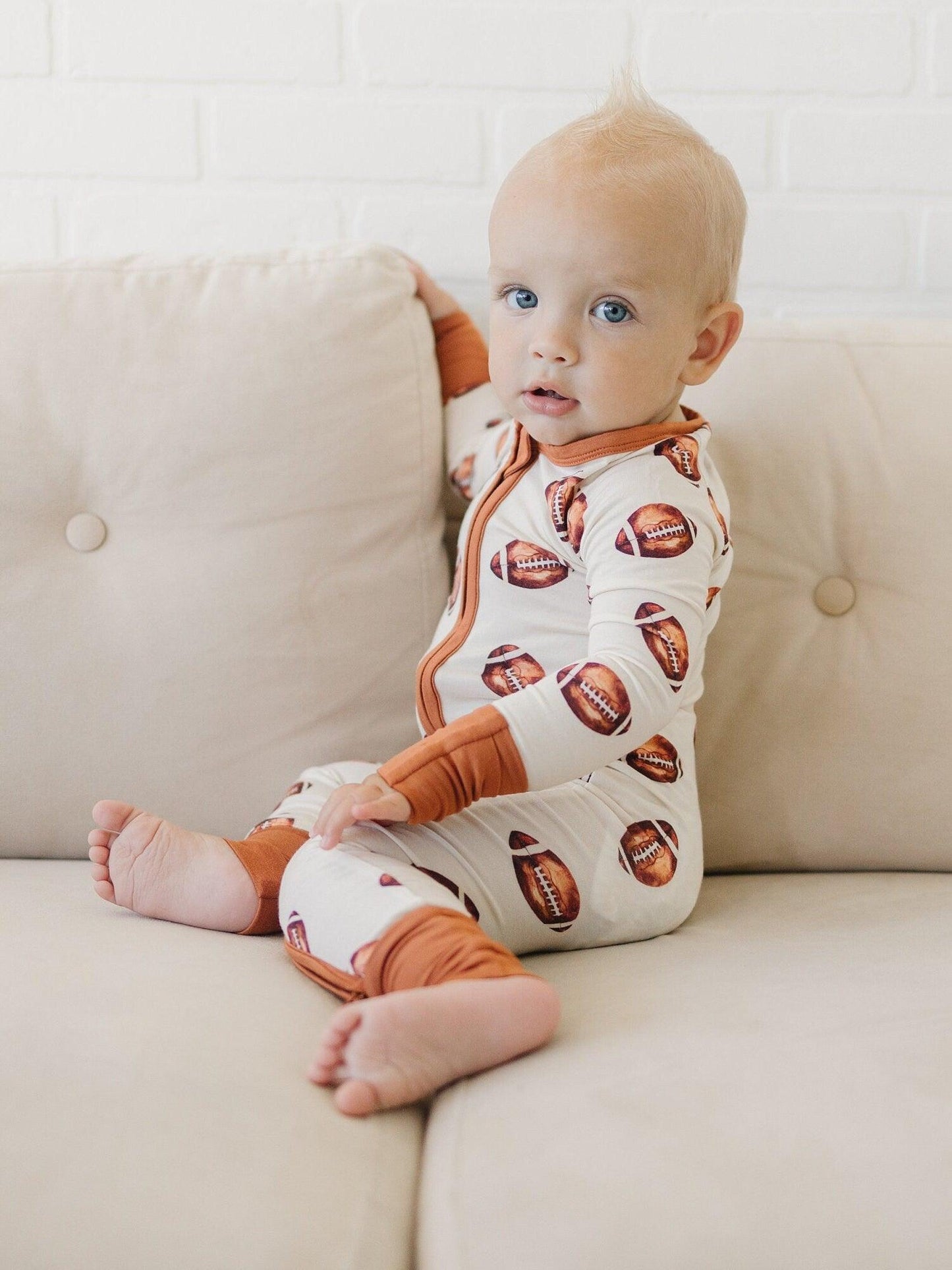 Football Print Bamboo Zippy Romper - Little Joy Co.