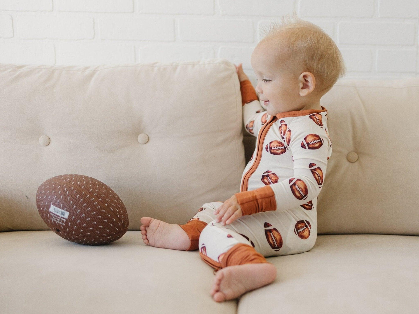 Football Print Bamboo Zippy Romper - Little Joy Co.