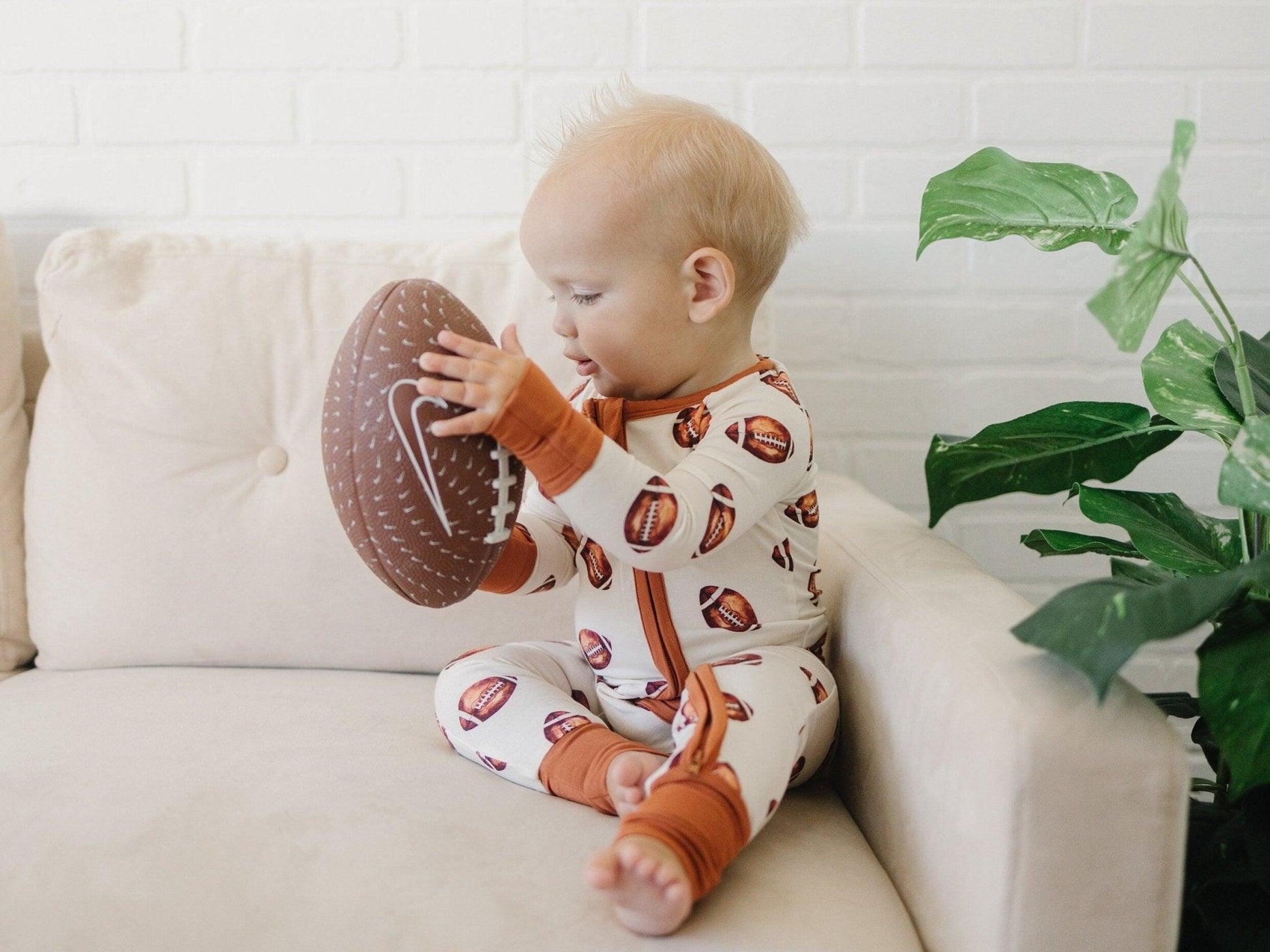 Football Print Bamboo Zippy Romper - Little Joy Co.