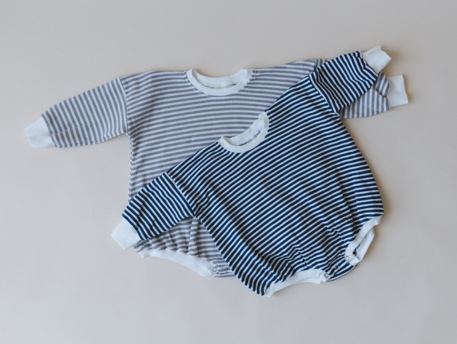 Striped Waffle Oversized Bubble Romper - Oversized Waffle-Knit Romper - Baby Boy Outfit - Baby Girl Clothes - Winter - Neutral Baby Outfit