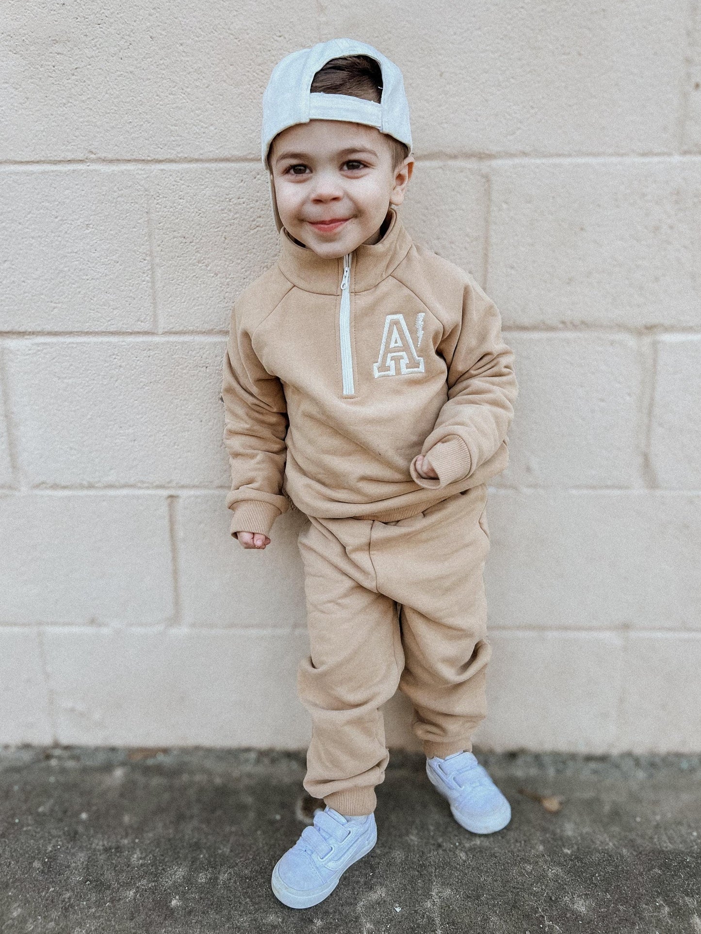 Custom Embroidered Organic Cotton Quarter Zip Sets - Pink and Camel