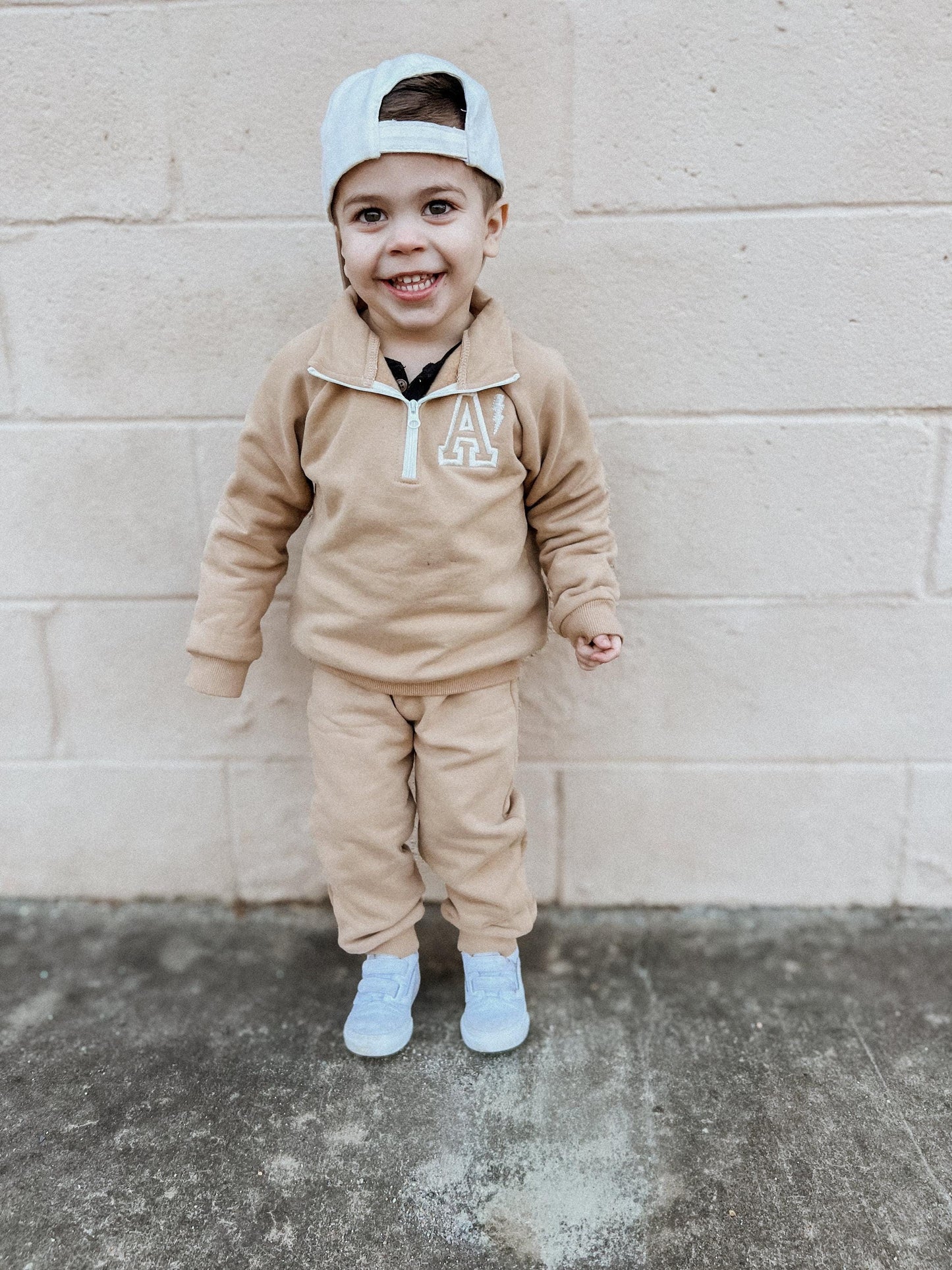 Custom Embroidered Organic Cotton Quarter Zip Sets - Pink and Camel