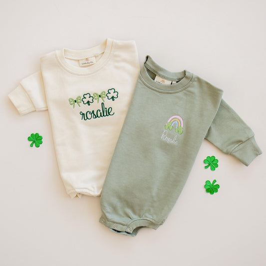 Custom Embroidered St. Patrick's Day Sweatshirt Romper - Bows & Shamrocks