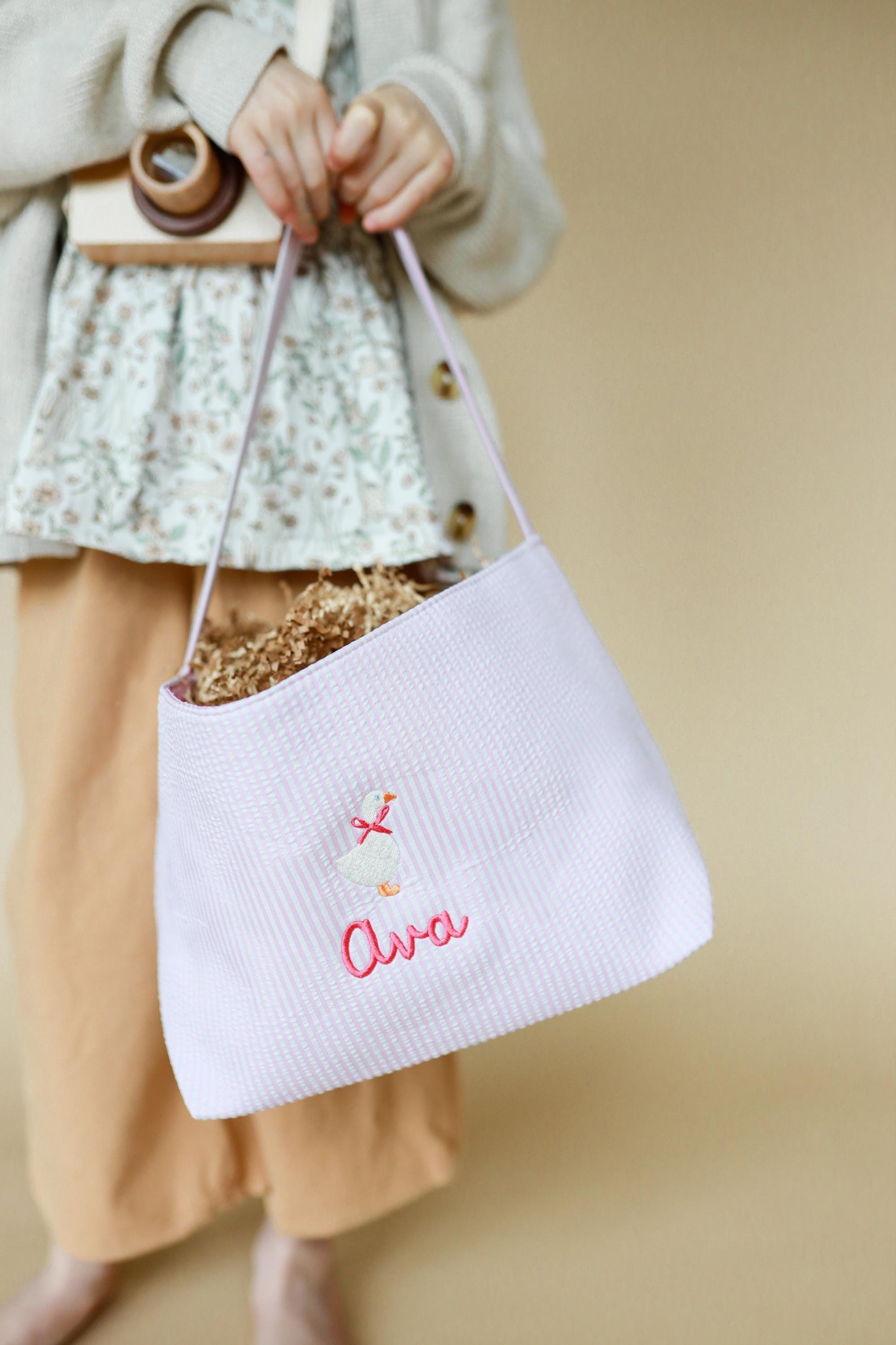 Custom Embroidered Easter Basket - Kids Name or Monogram - Seersucker Blue Purple Pink - Goose Bunny Easter Egg Tractor Floral