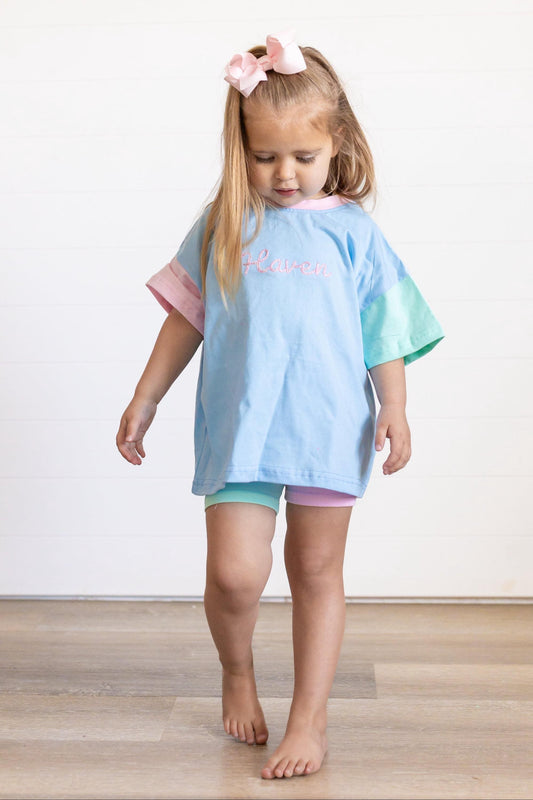 Custom Embroidered Colorblock Tee and Biker Shorts Set