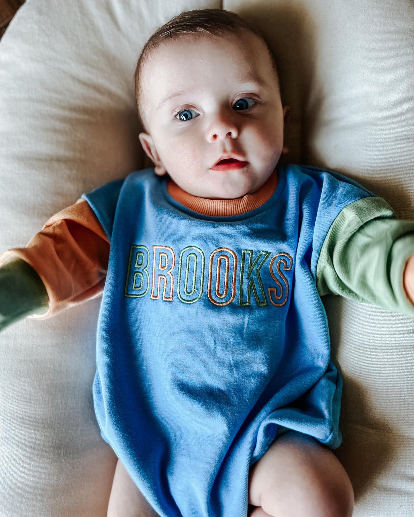 Custom Embroidered Colorblock Sweatshirt Romper - Orange Blue Green