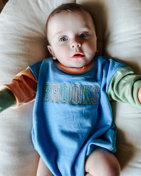 Custom Embroidered Colorblock Sweatshirt Romper - Orange Blue Green