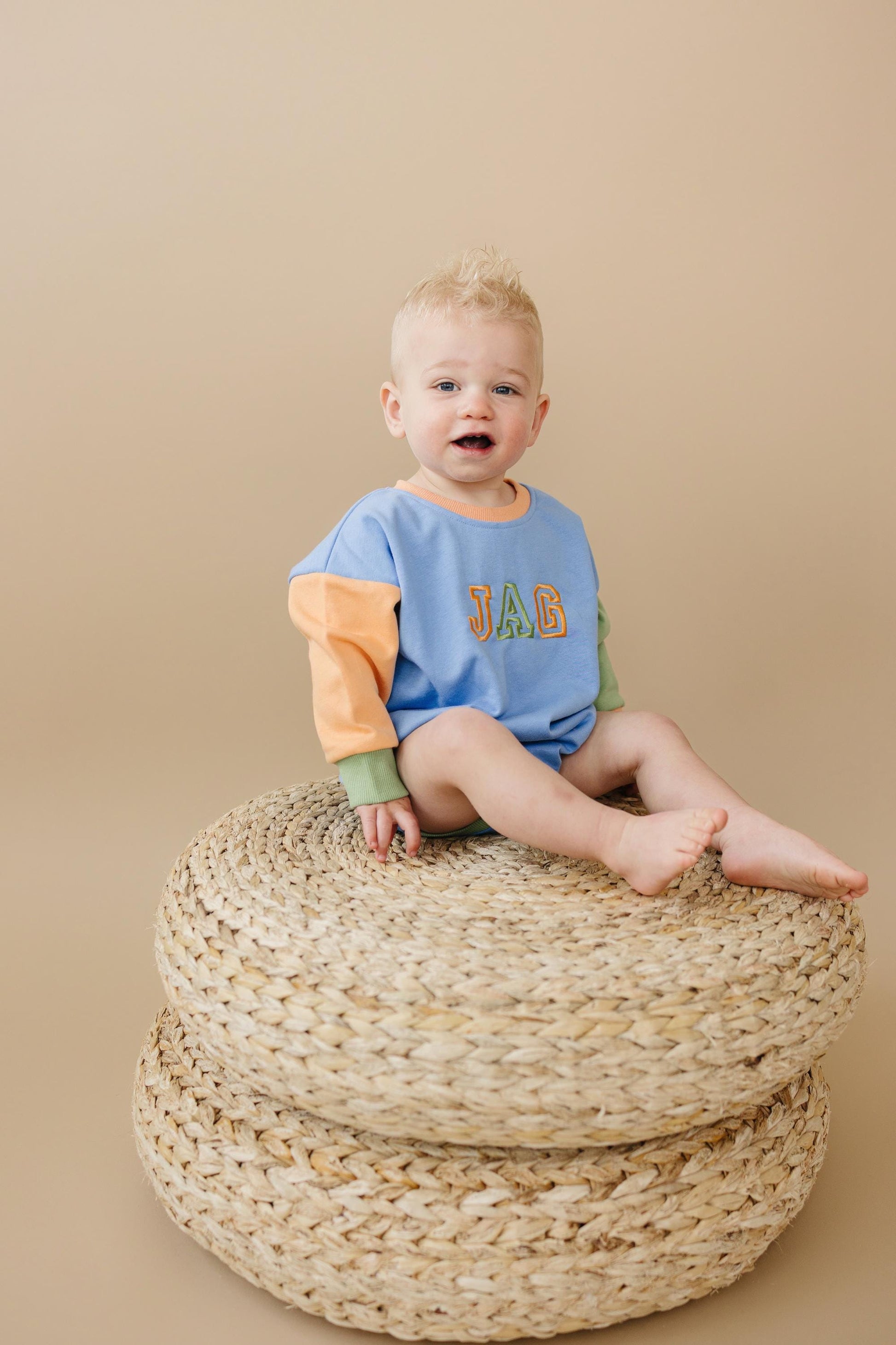 Custom Embroidered Colorblock Sweatshirt Romper - Orange Blue Green