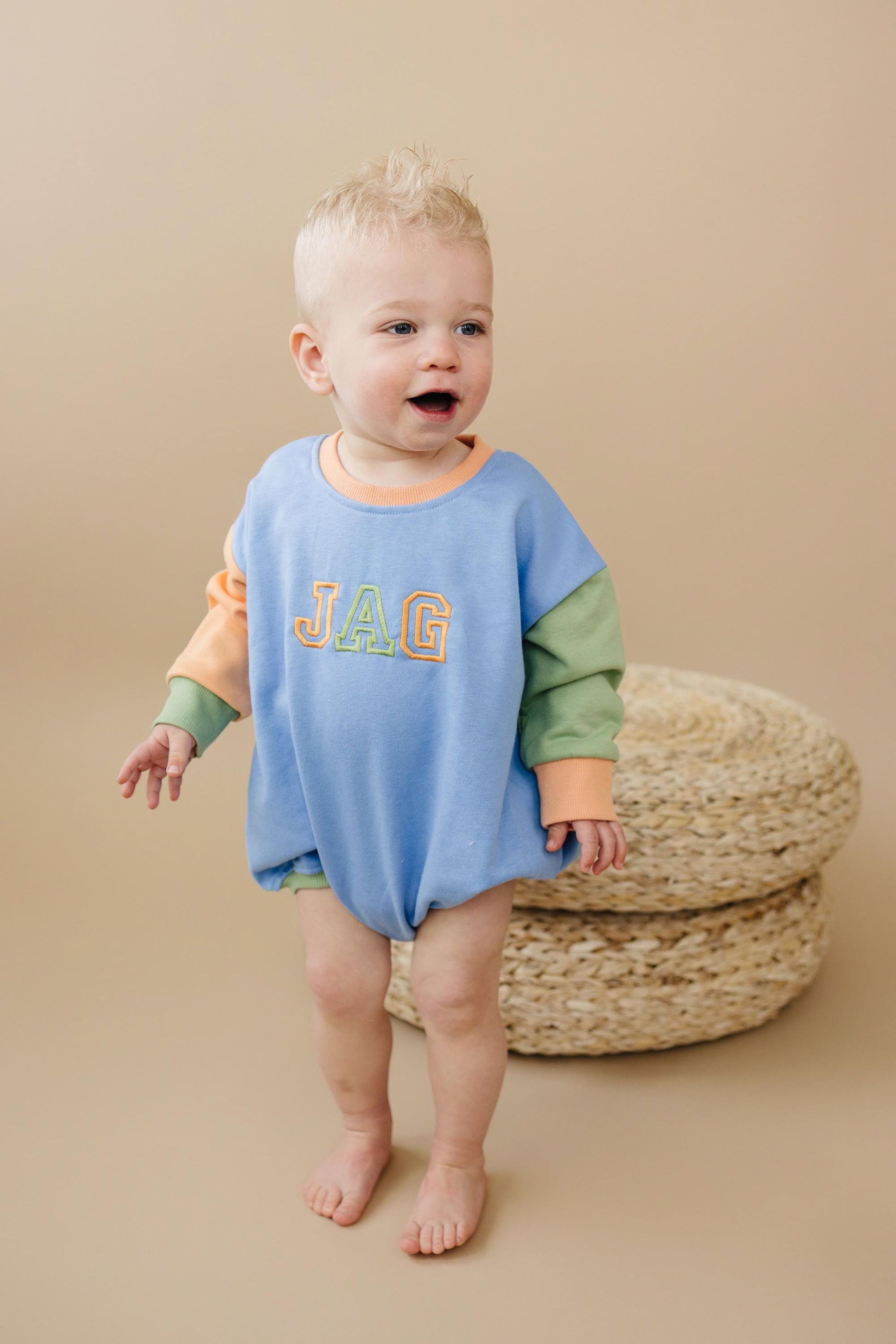 Custom Embroidered Colorblock Sweatshirt Romper - Orange Blue Green