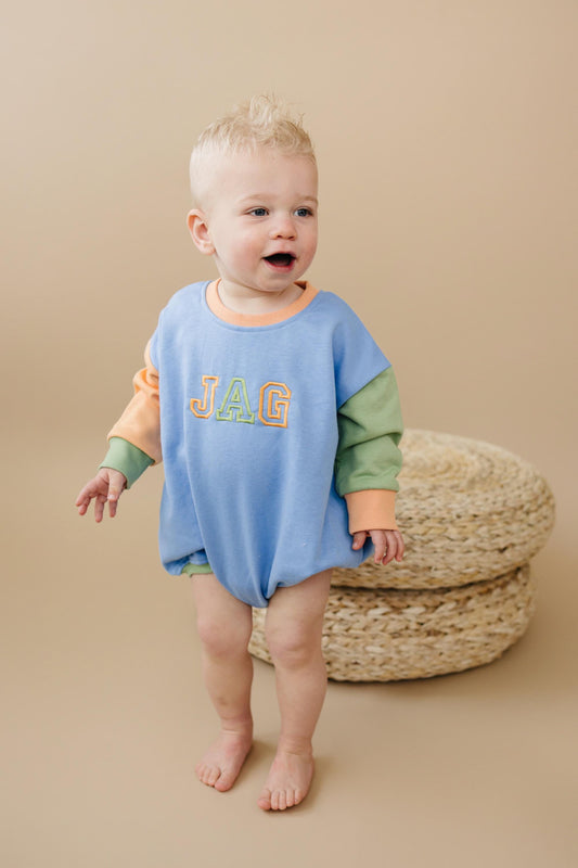 Custom Embroidered Colorblock Sweatshirt Romper - Orange Blue Green