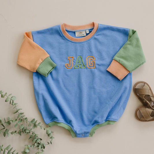 Custom Embroidered Colorblock Sweatshirt Romper - Orange Blue Green