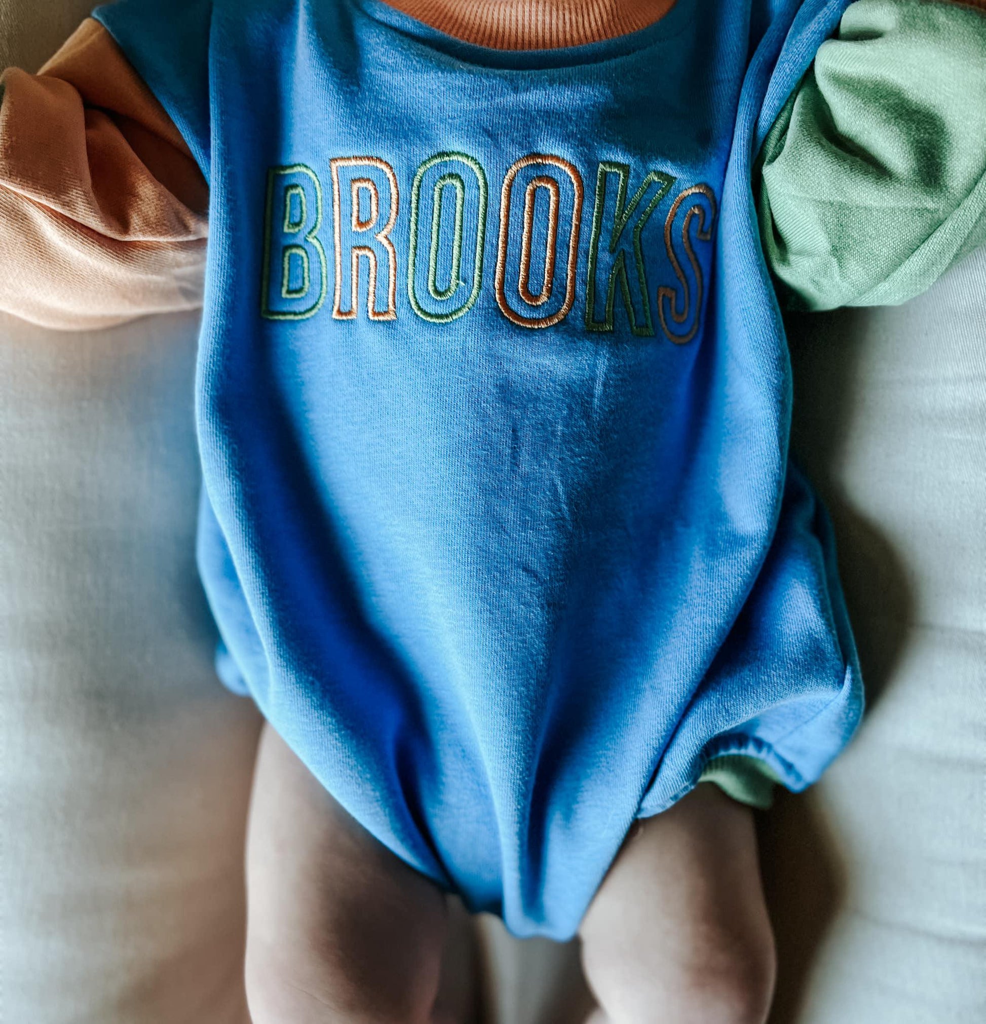 Custom Embroidered Colorblock Sweatshirt Romper - Orange Blue Green