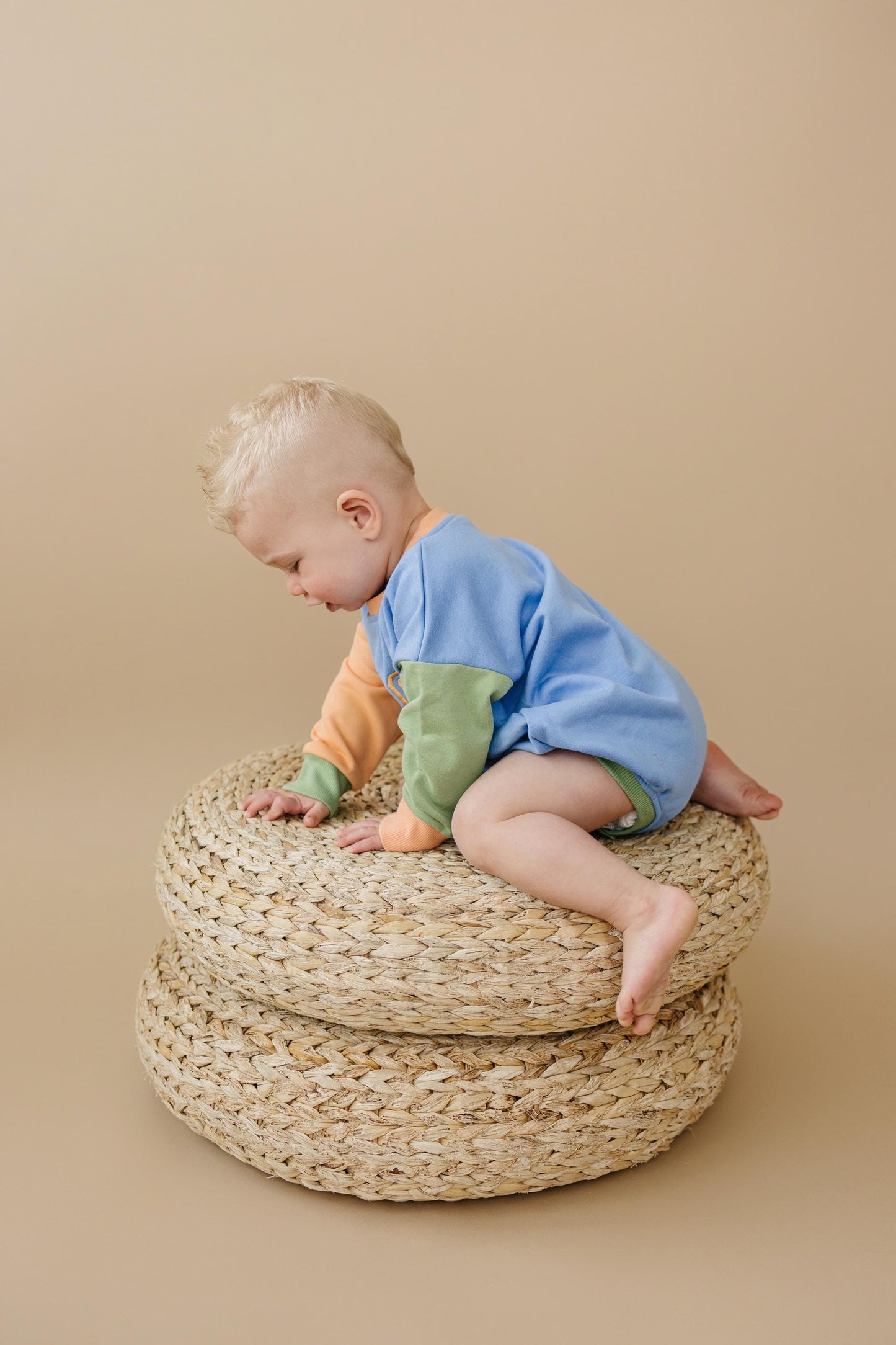 Custom Embroidered Colorblock Sweatshirt Romper - Orange Blue Green