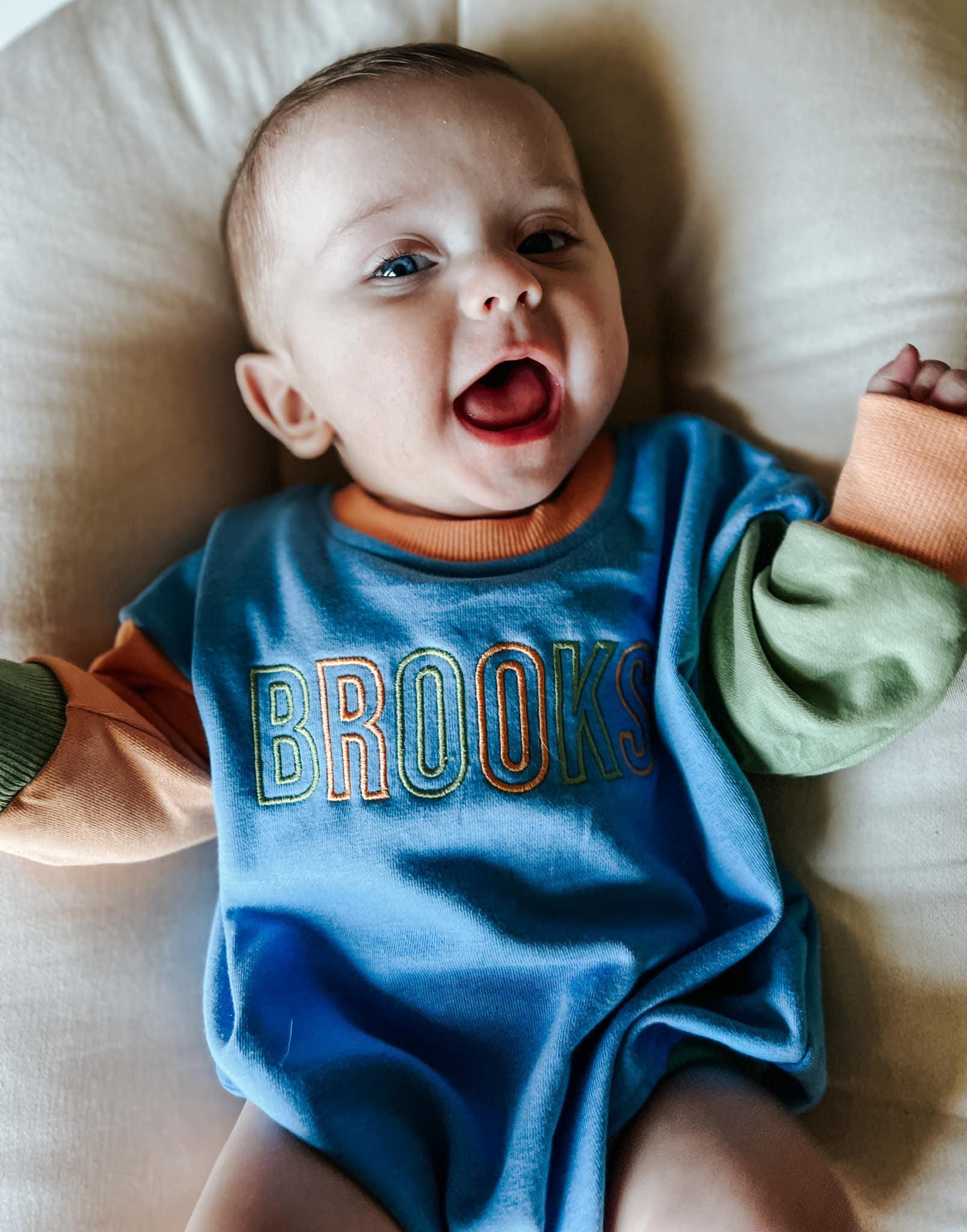 Custom Embroidered Colorblock Sweatshirt Romper - Orange Blue Green