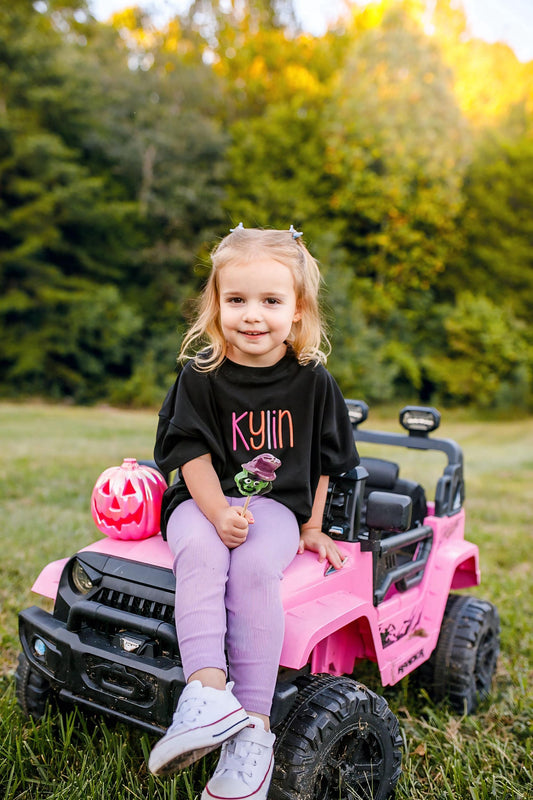 Custom Embroidered Black Halloween Tee, Sweatshirt or Bubble Romper - Custom Clothing Items - Oversized Fit T-Shirts - French Terry Material