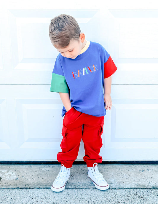 Custom Embroidered 90s Colorblock T-Shirt Romper or Oversized Tee Set - choice of bottoms