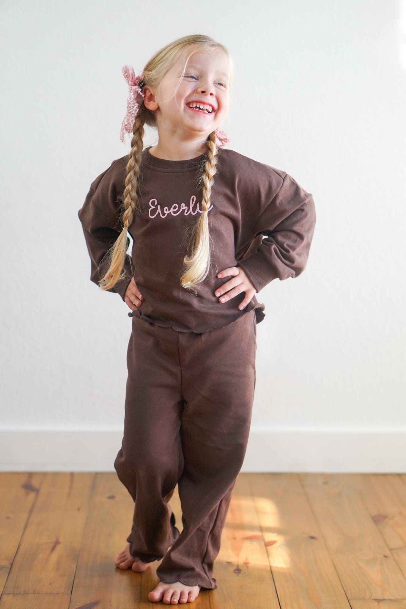 Custom Embroidered Girls Scalloped Set - Brown