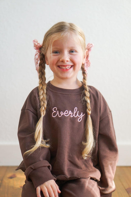 Custom Embroidered Girls Scalloped Set - Brown