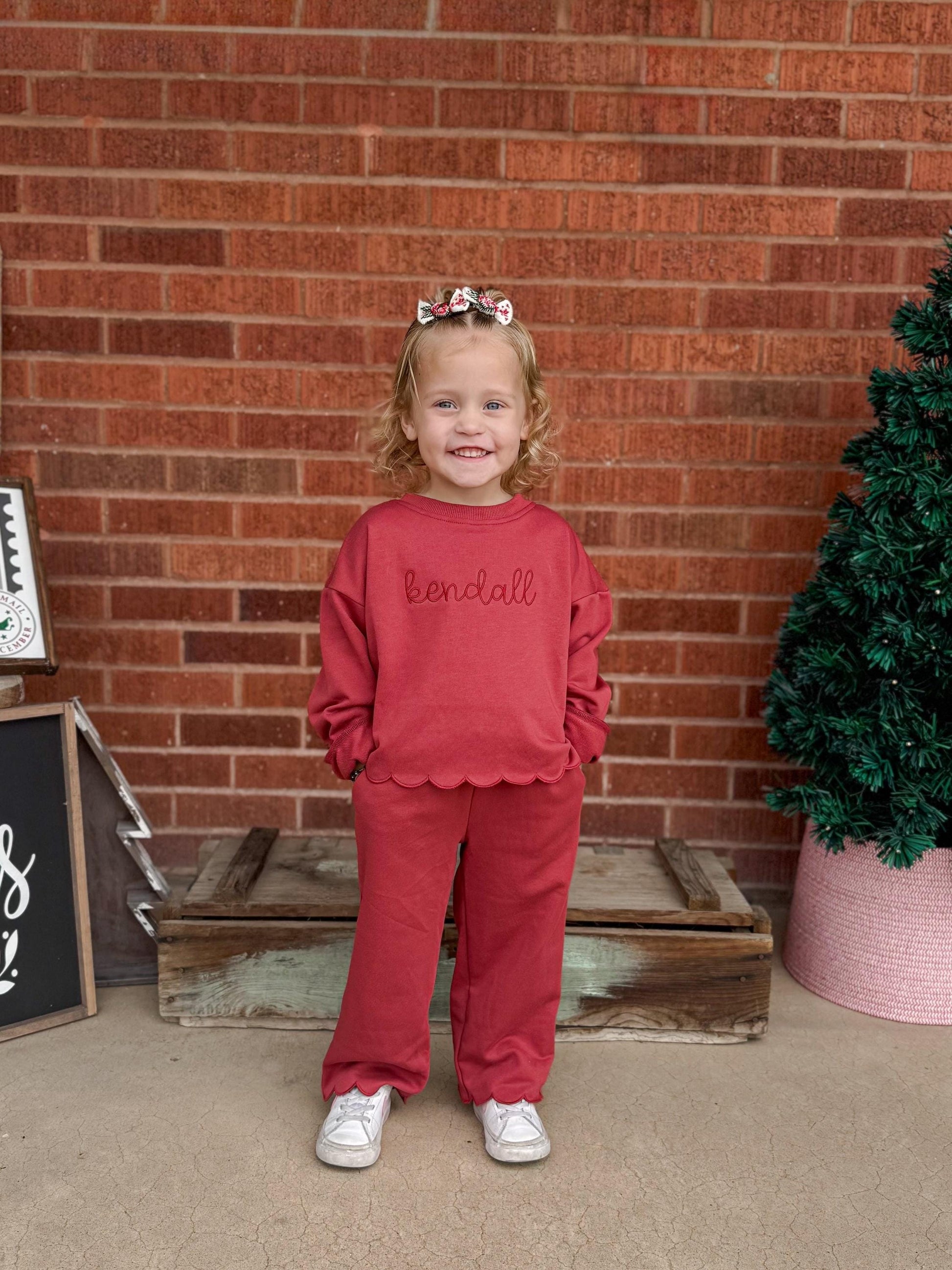 Custom Embroidered Scalloped Set - Valentine's Day Red, Cream, Green or Brown