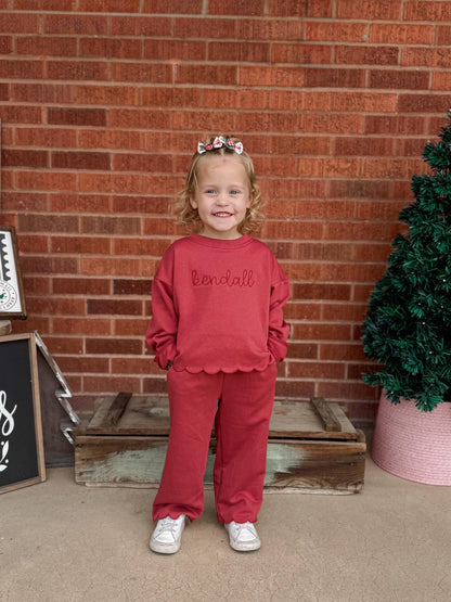 Custom Embroidered Scalloped Set - Valentine's Day Red, Cream, Green or Brown