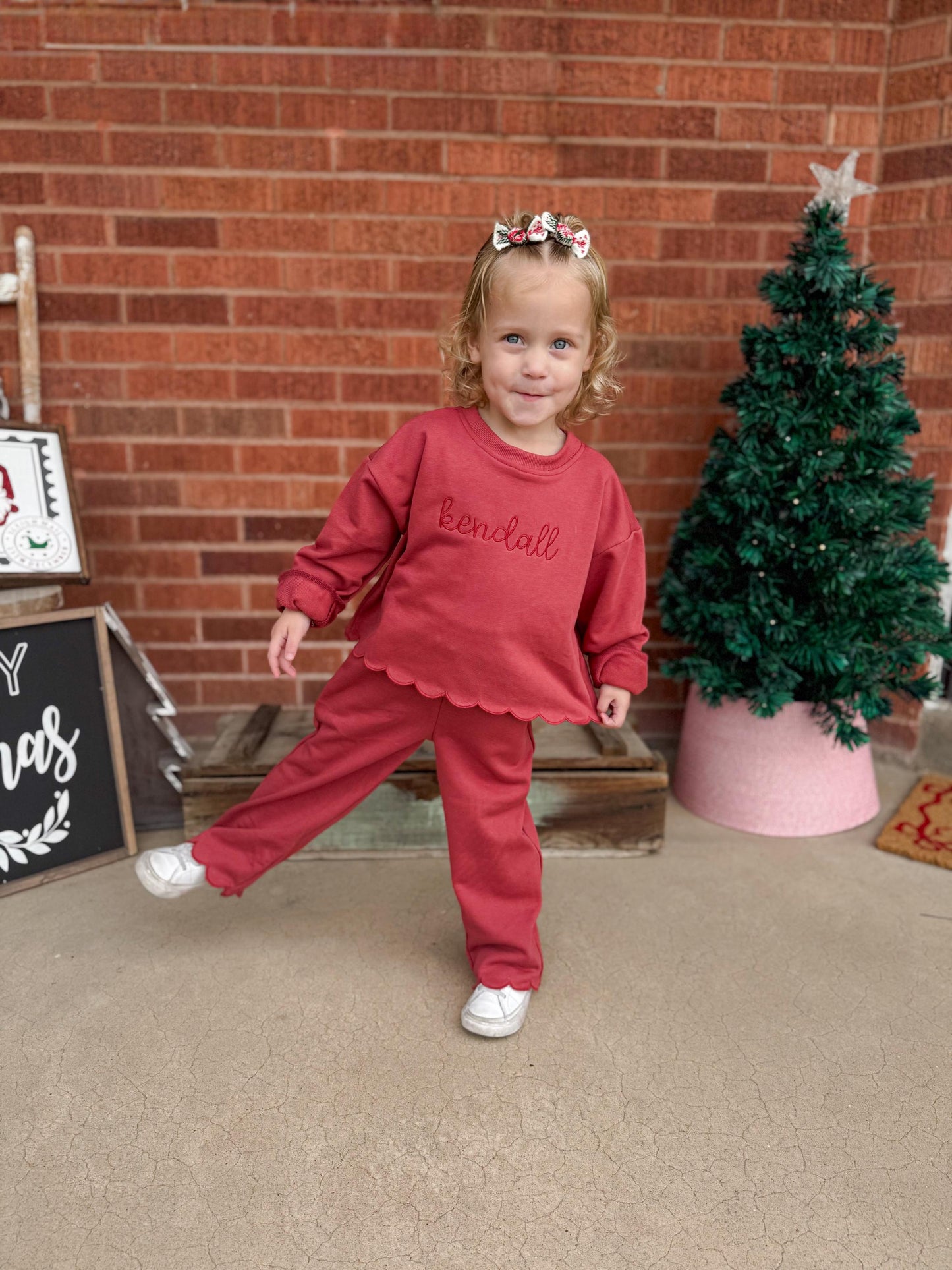 Custom Embroidered Scalloped Set - Valentine's Day Red, Cream, Green or Brown