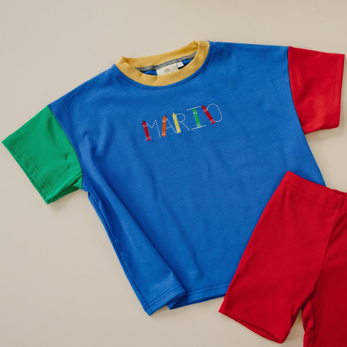 Custom Embroidered 90s Colorblock T-Shirt Romper or Oversized Tee Set - choice of bottoms