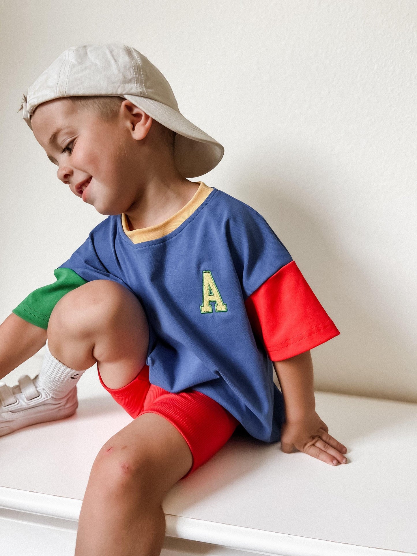 Custom Embroidered 90s Colorblock T-Shirt Romper or Oversized Tee - choice of bottoms