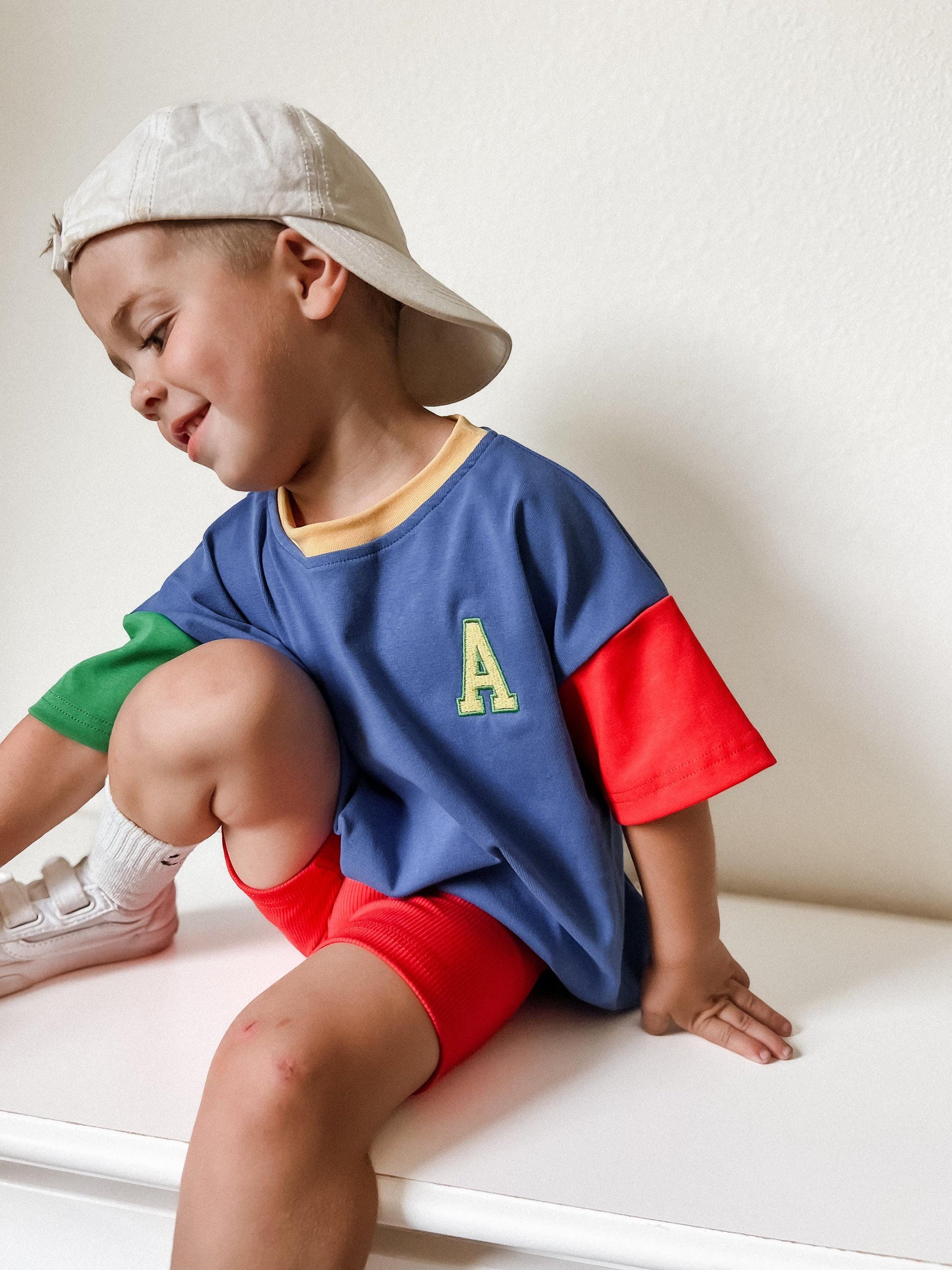 Custom Embroidered 90s Colorblock T-Shirt Romper or Oversized Tee - choice of bottoms