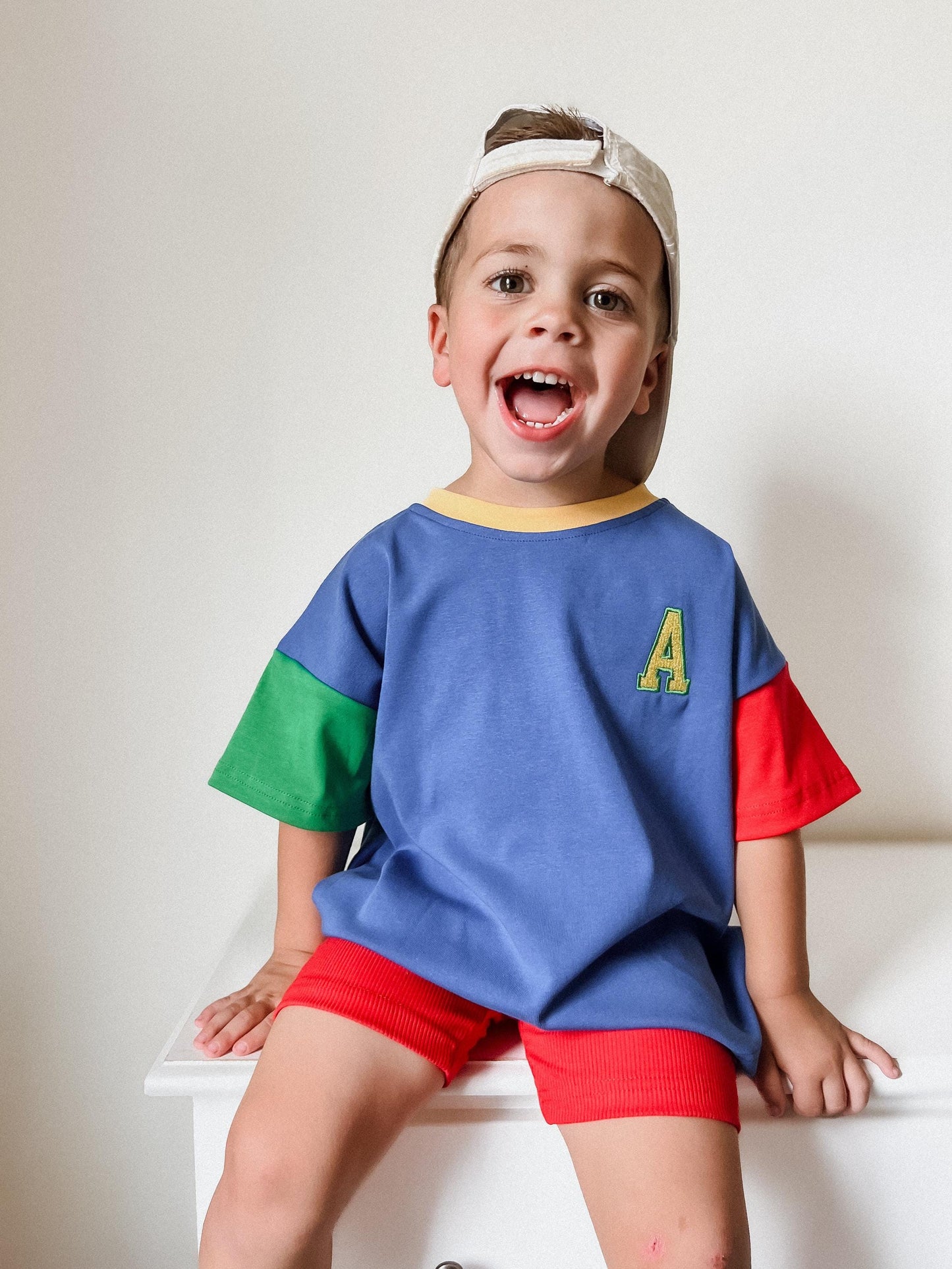 Custom Embroidered 90s Colorblock T-Shirt Romper or Oversized Tee - choice of bottoms