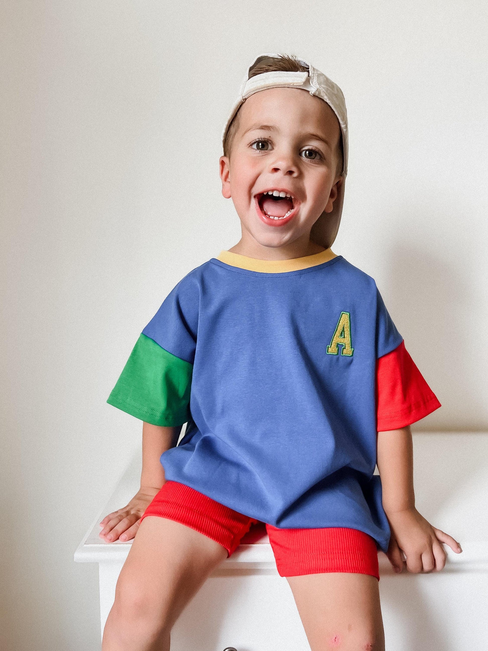 Custom Embroidered 90s Colorblock T-Shirt Romper or Oversized Tee - choice of bottoms