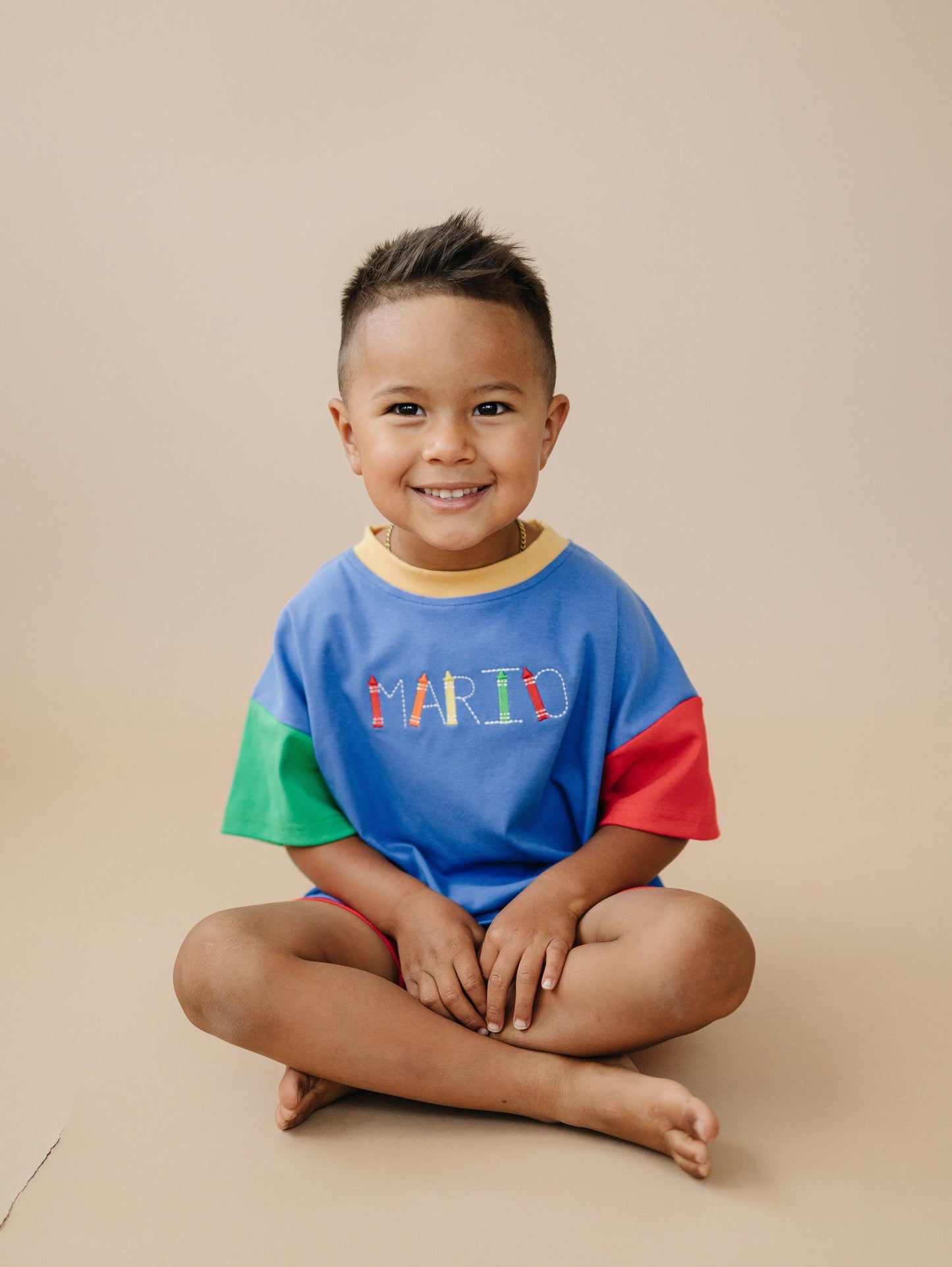 Custom Embroidered 90s Colorblock T-Shirt Romper or Oversized Tee - choice of bottoms