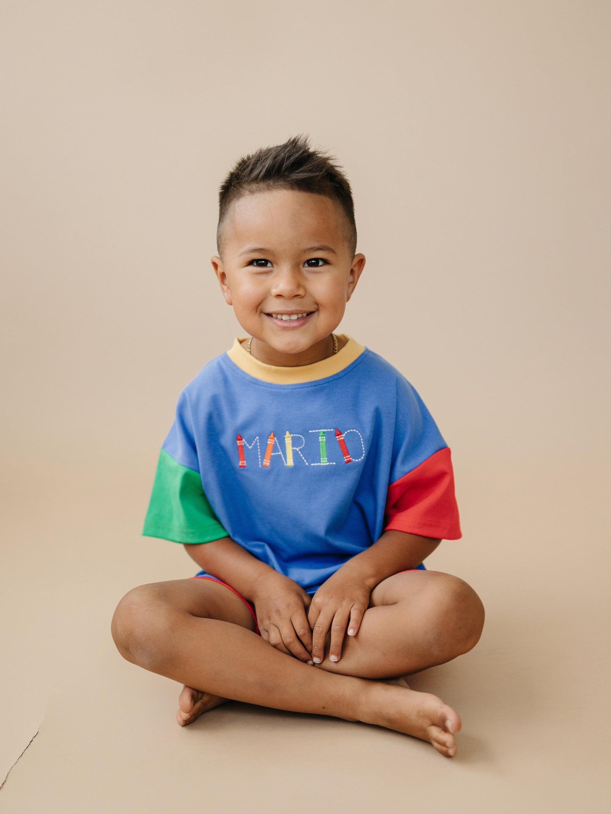 Custom Embroidered 90s Colorblock T-Shirt Romper or Oversized Tee - choice of bottoms