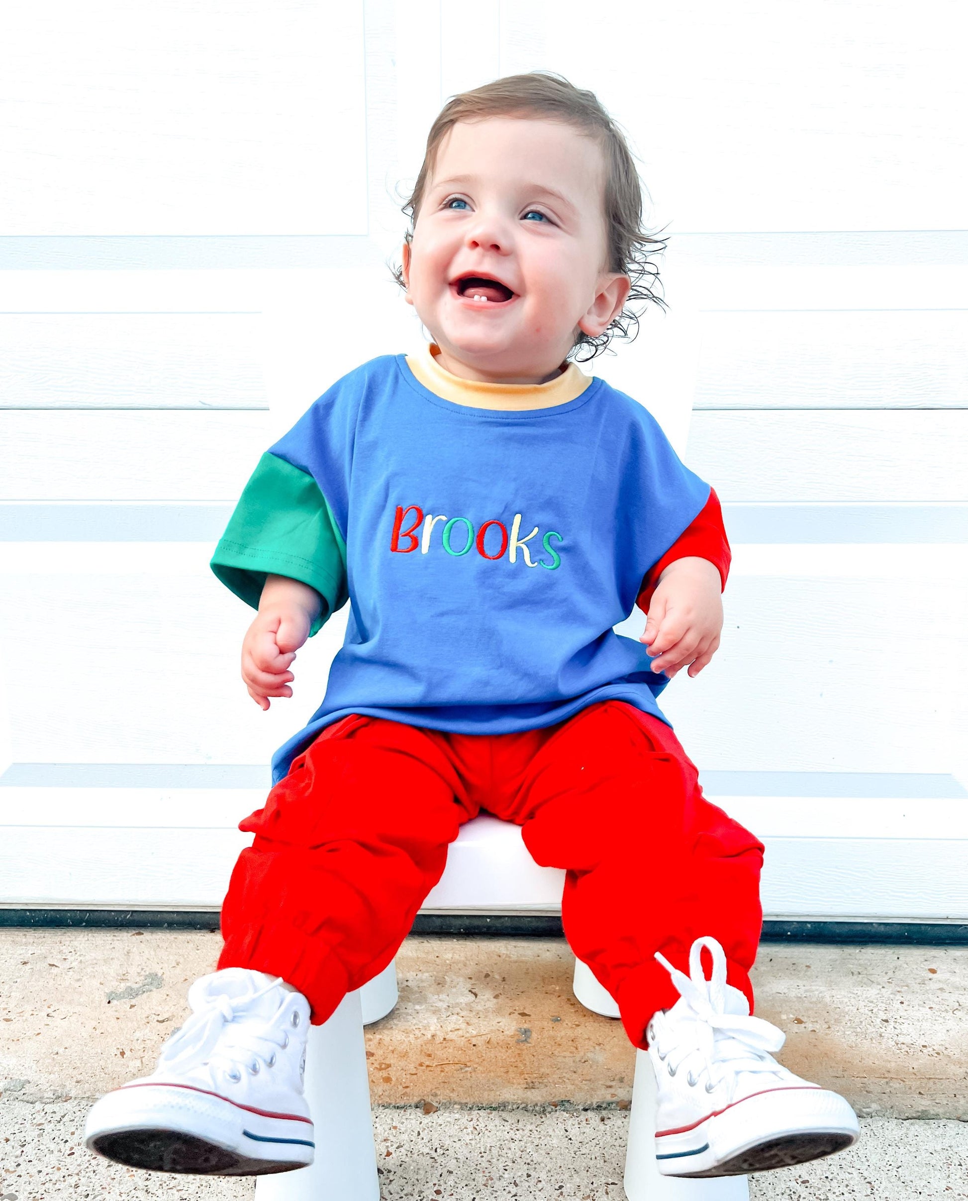 Custom Embroidered 90s Colorblock T-Shirt Romper or Oversized Tee - choice of bottoms