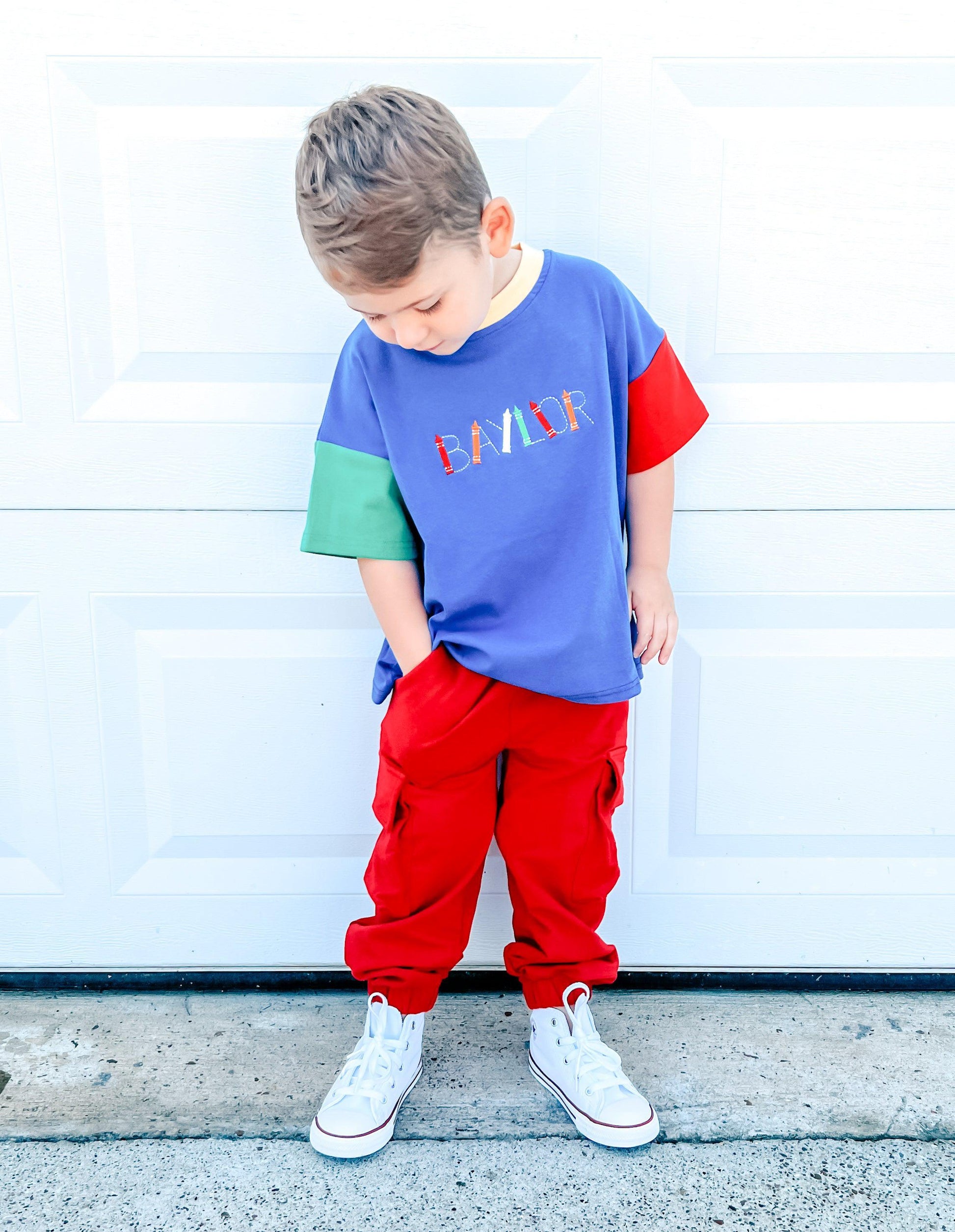 Custom Embroidered 90s Colorblock T-Shirt Romper or Oversized Tee Set - choice of bottoms
