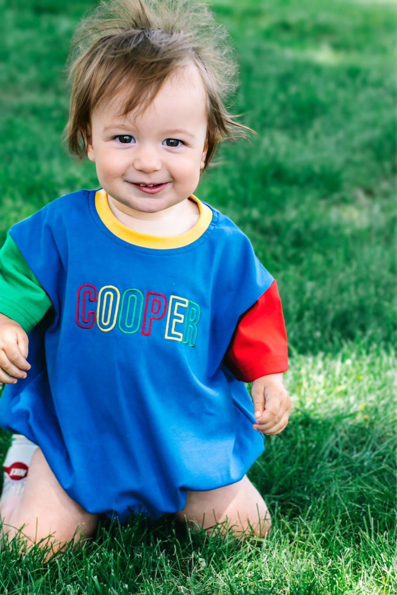 Custom Embroidered 90s Colorblock T-Shirt Romper or Oversized Tee Set - choice of bottoms