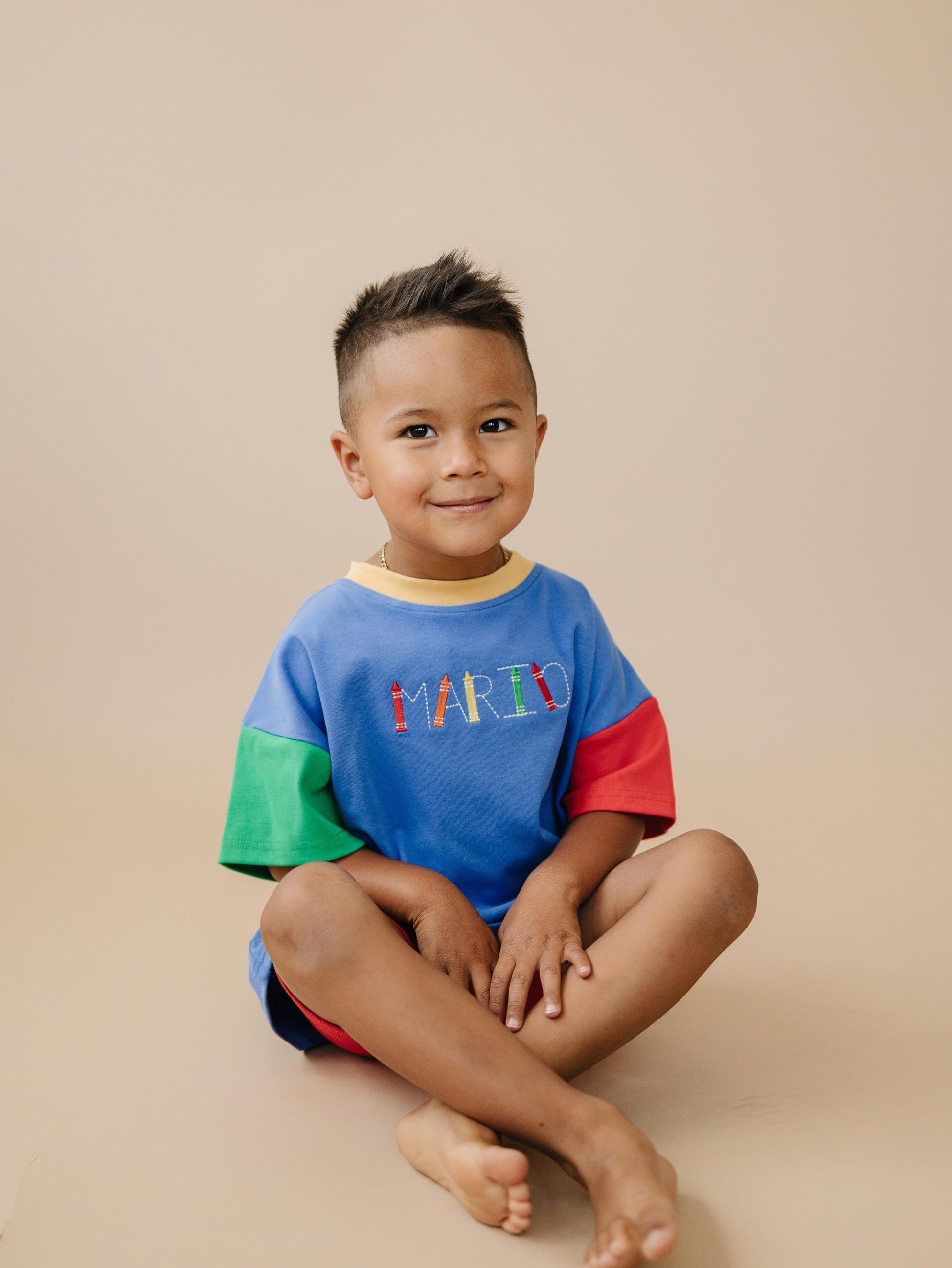 Custom Embroidered 90s Colorblock T-Shirt Romper or Oversized Tee Set - choice of bottoms