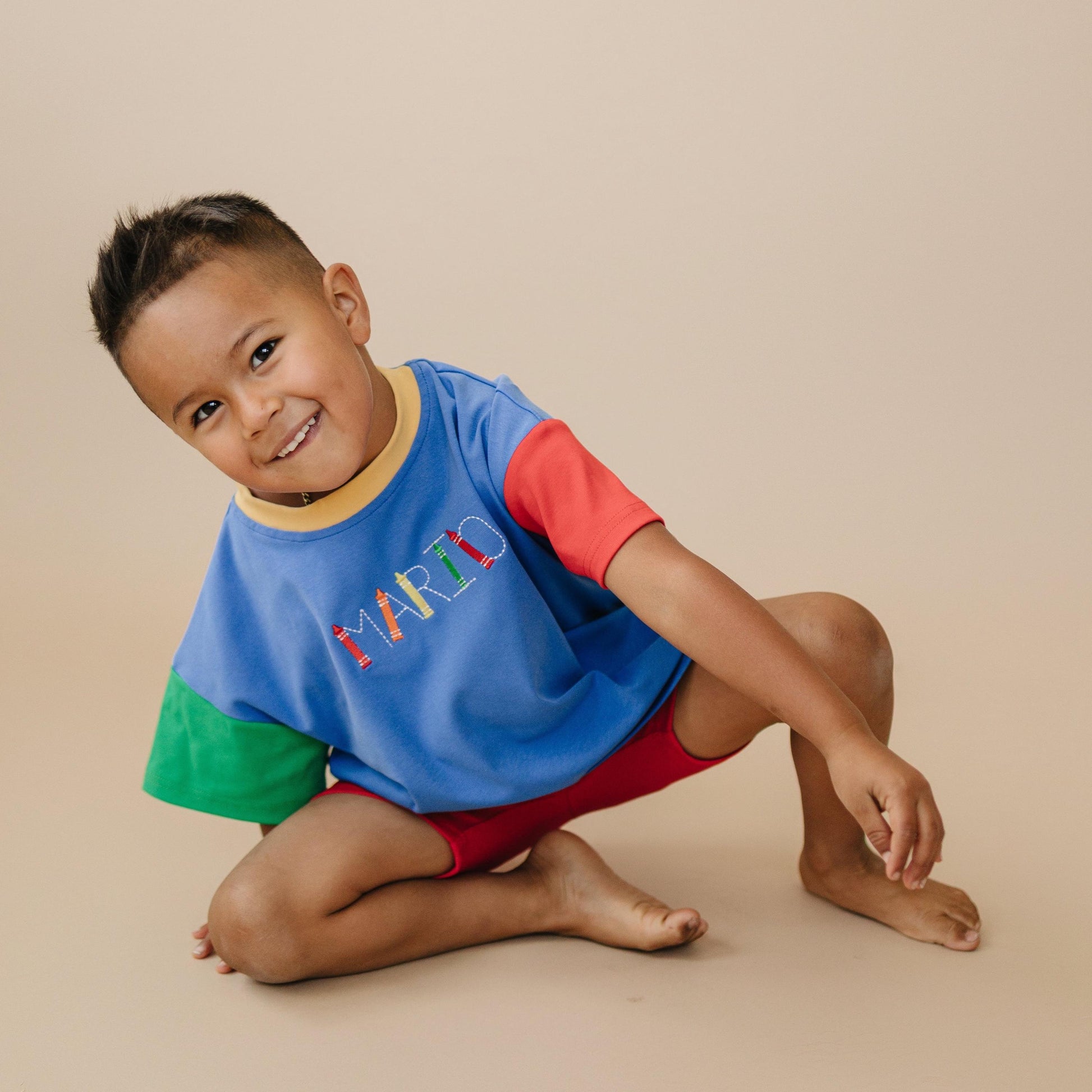 Custom Embroidered 90s Colorblock T-Shirt Romper or Oversized Tee Set - choice of bottoms