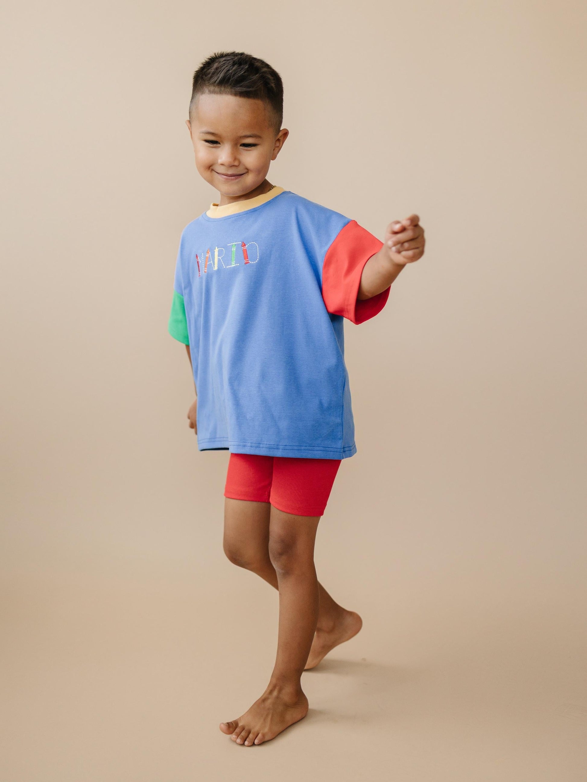 Custom Embroidered 90s Colorblock T-Shirt Romper or Oversized Tee Set - choice of bottoms