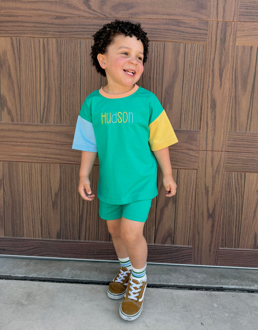 Custom Embroidered Colorblock Organic Cotton Tee & Shorts Set - Green