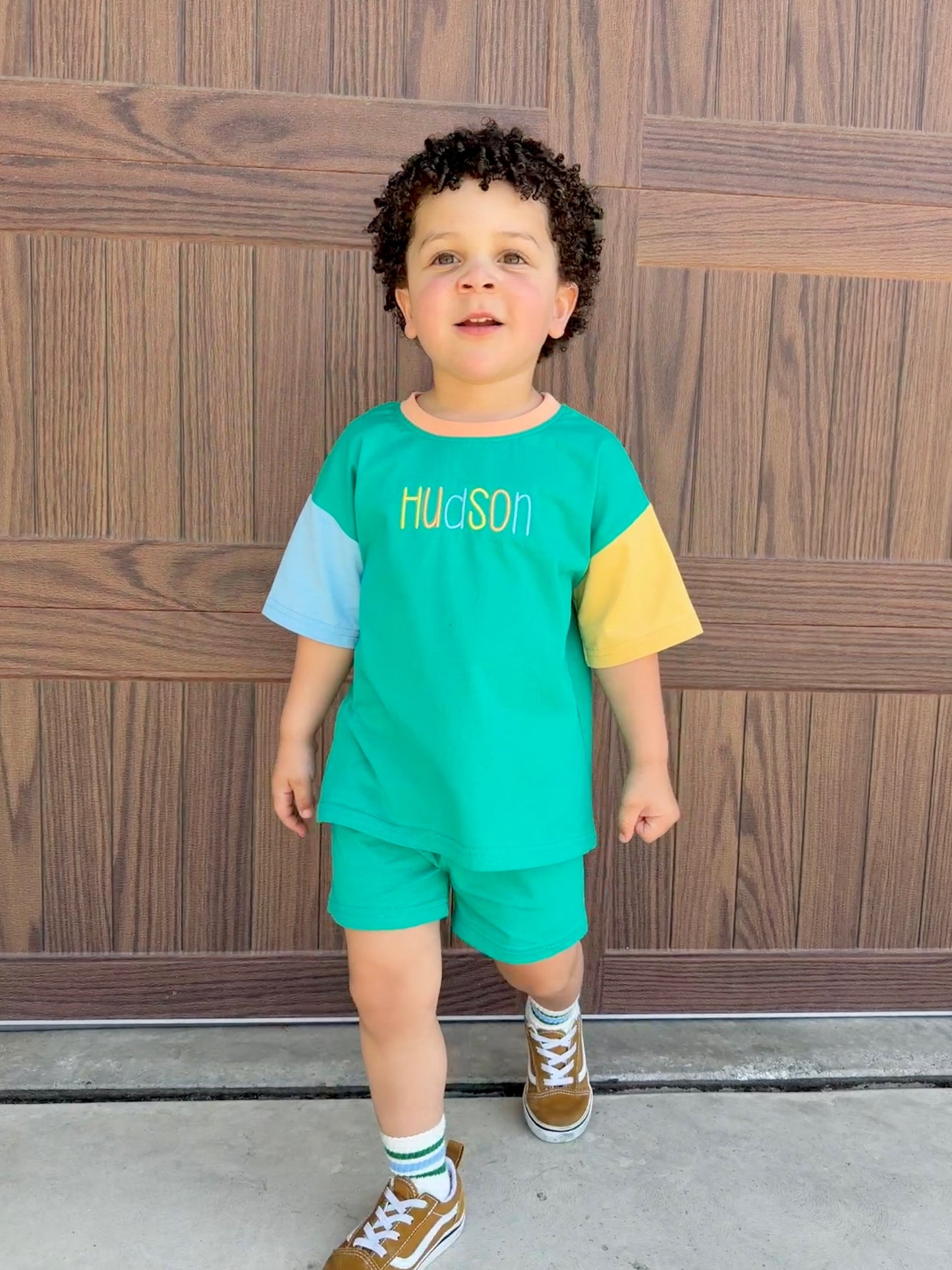 Custom Embroidered Colorblock Organic Cotton Tee & Shorts Set - Green