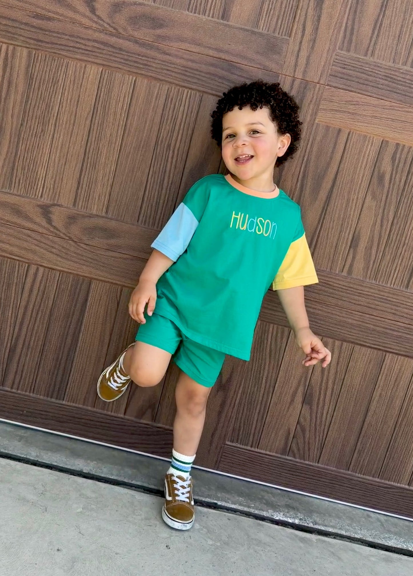 Custom Embroidered Colorblock Organic Cotton Tee & Shorts Set - Green