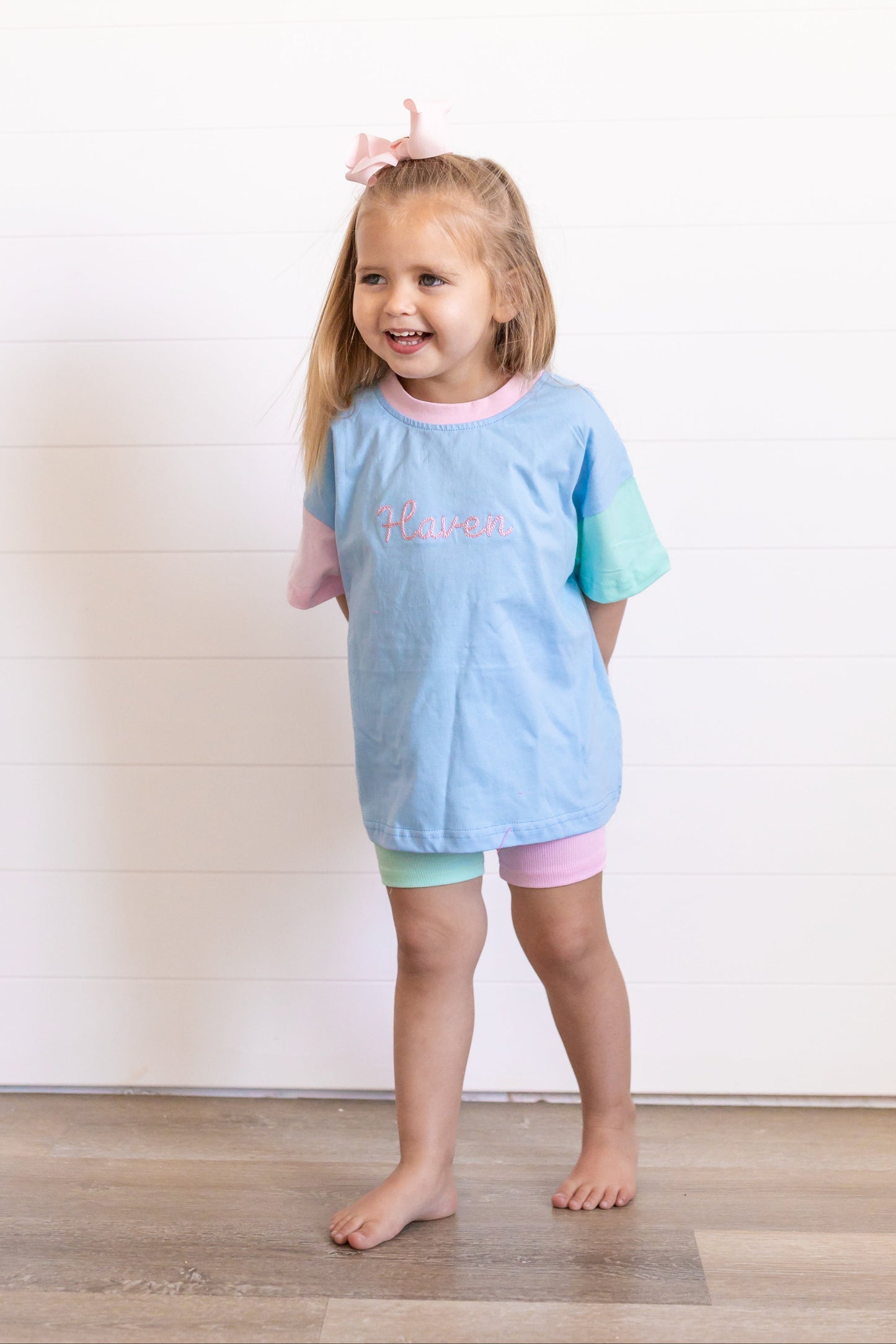 Custom Embroidered Colorblock Tee and Biker Shorts Set