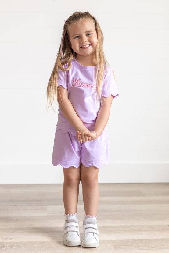 Custom Embroidered Scalloped Shorts Set - Pink or Purple
