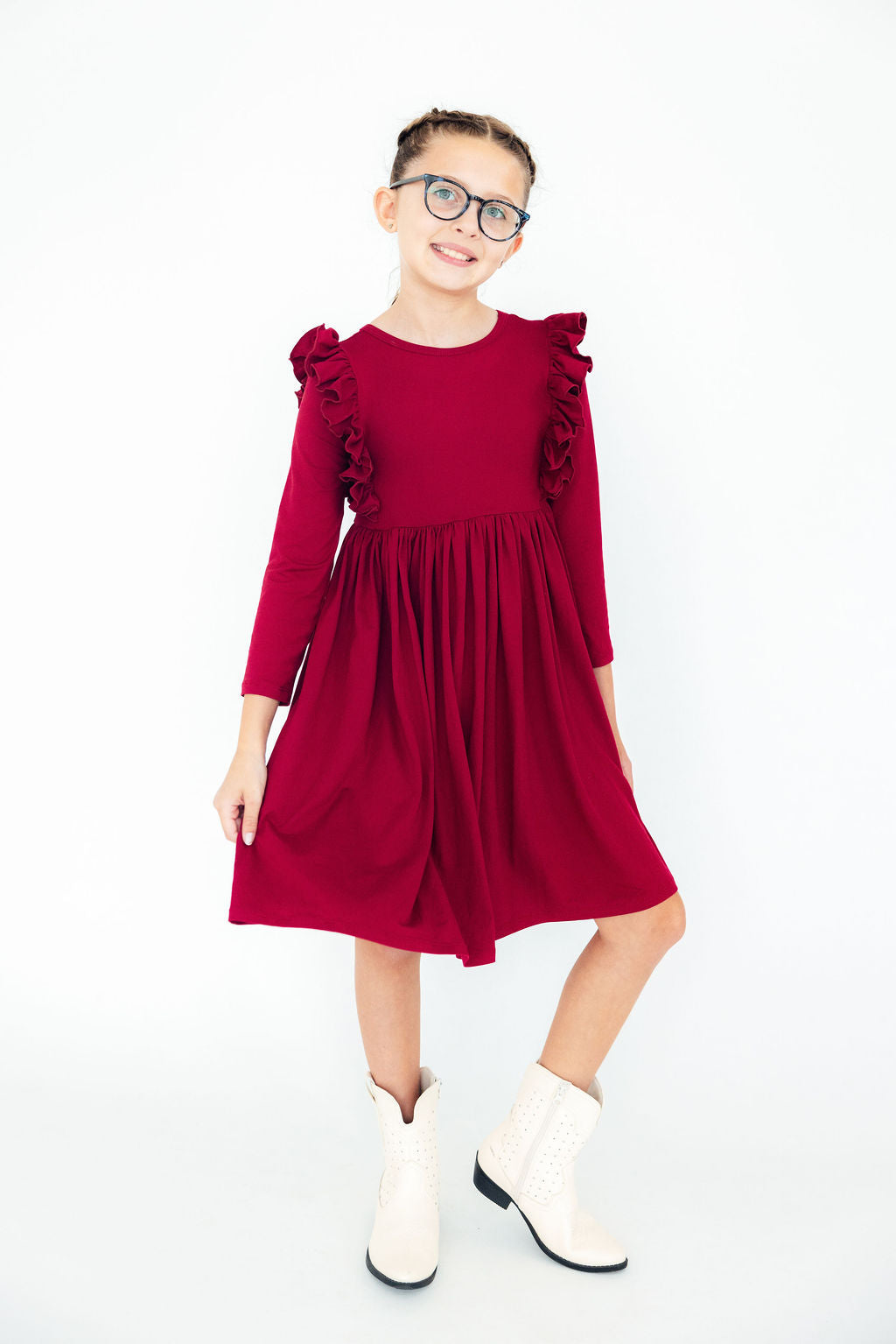 Burgundy L/S Ruffle Twirl Dress