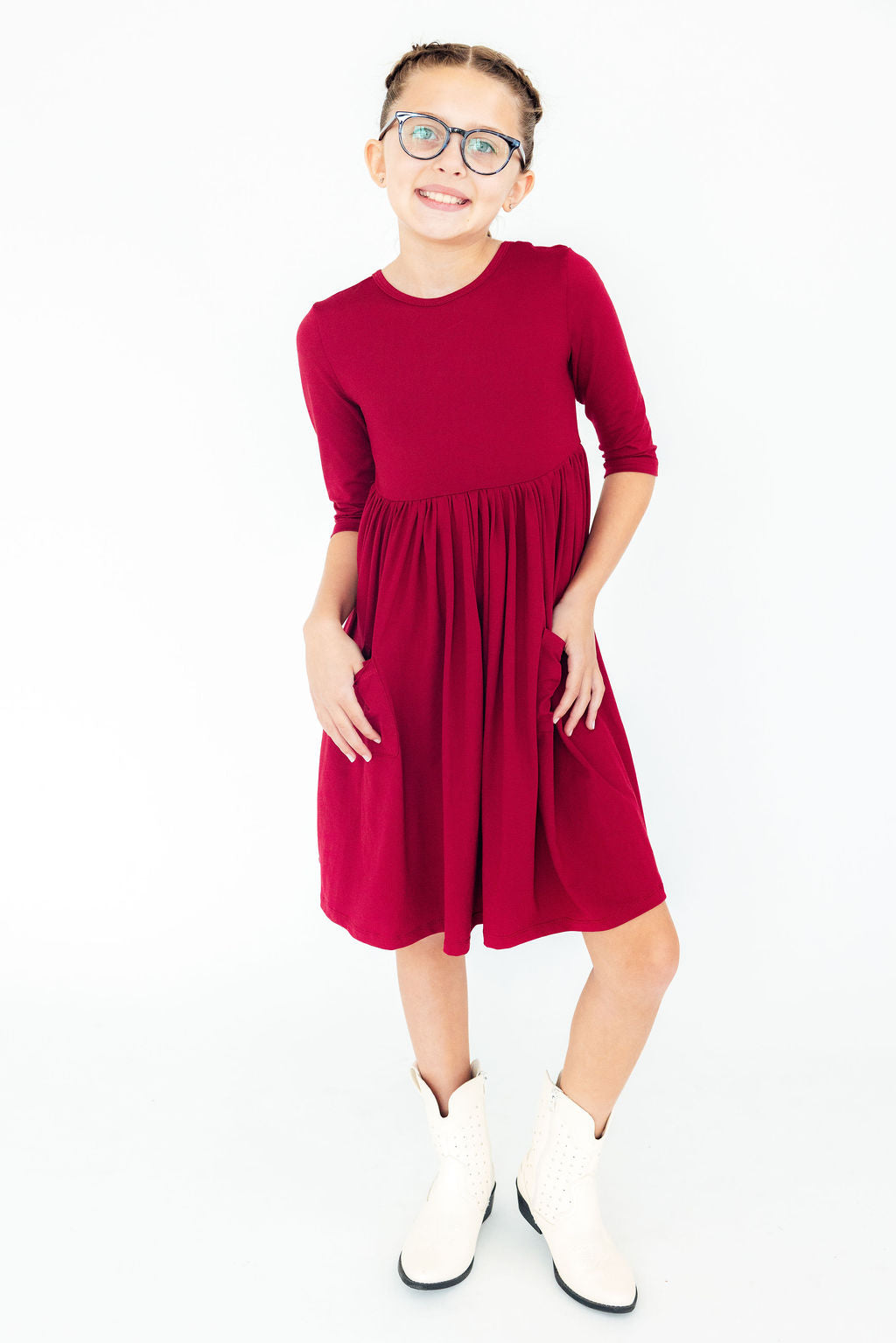 Burgundy 3/4 Sleeve Pocket Twirl Dress