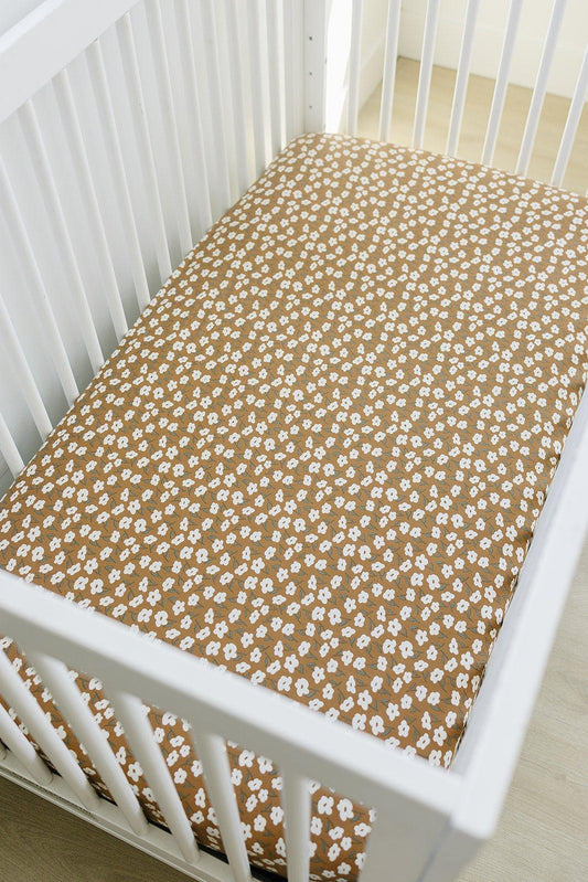 Mustard Floral Bamboo Stretch Crib Sheet - Little Joy Co.