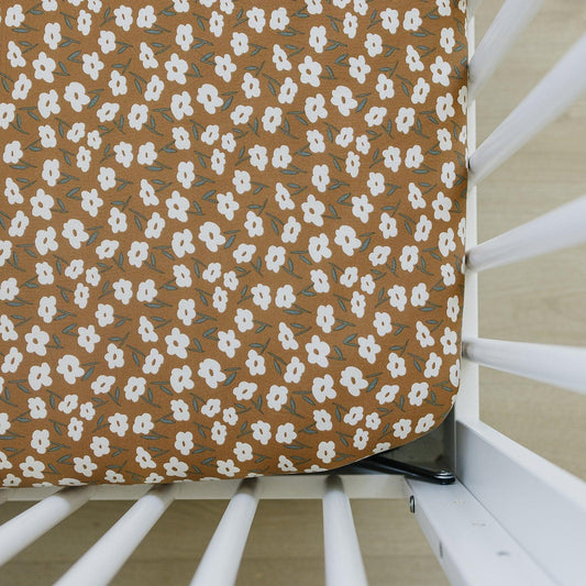 Mustard Floral Bamboo Stretch Crib Sheet - Little Joy Co.