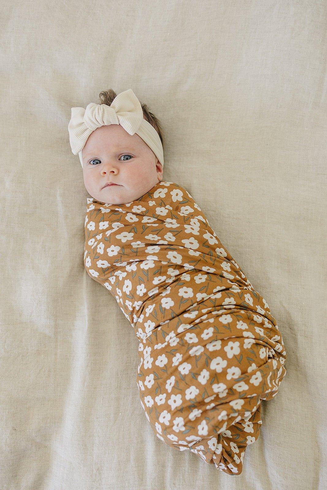 Mustard Floral Bamboo Stretch Swaddle - Little Joy Co.